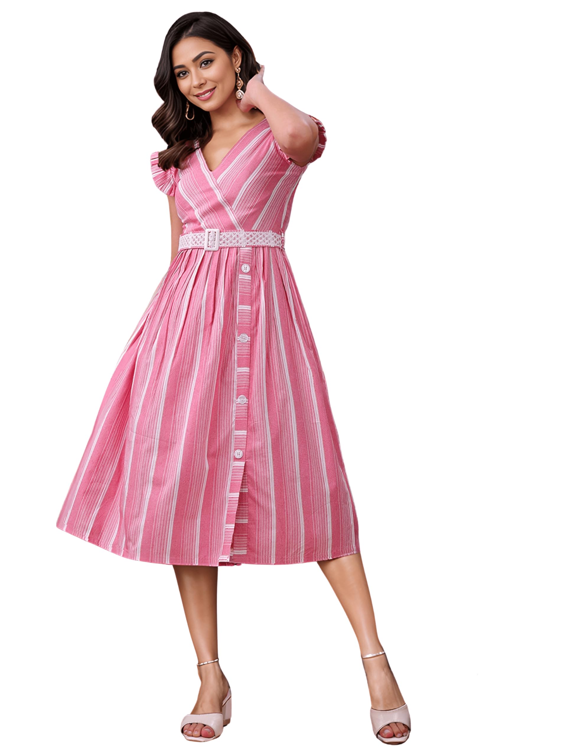 Women's Stylish Cotton Midi Dress | Vertical Striped Fit & Flare Dress with Embroidered Belt | Western Style Dress for Office & Casual Wear-image-4