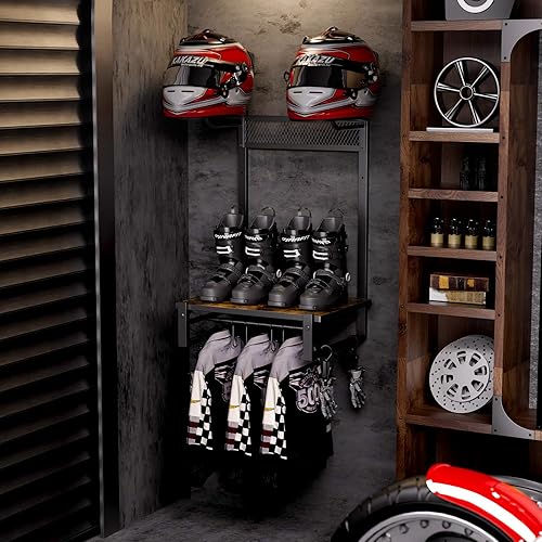 Miniatura 3 de HOYRR Soporte de pared para casco, soporte para casco de motocicleta, soporte de casco retro de madera de hierro, soporte de pared para casco, con