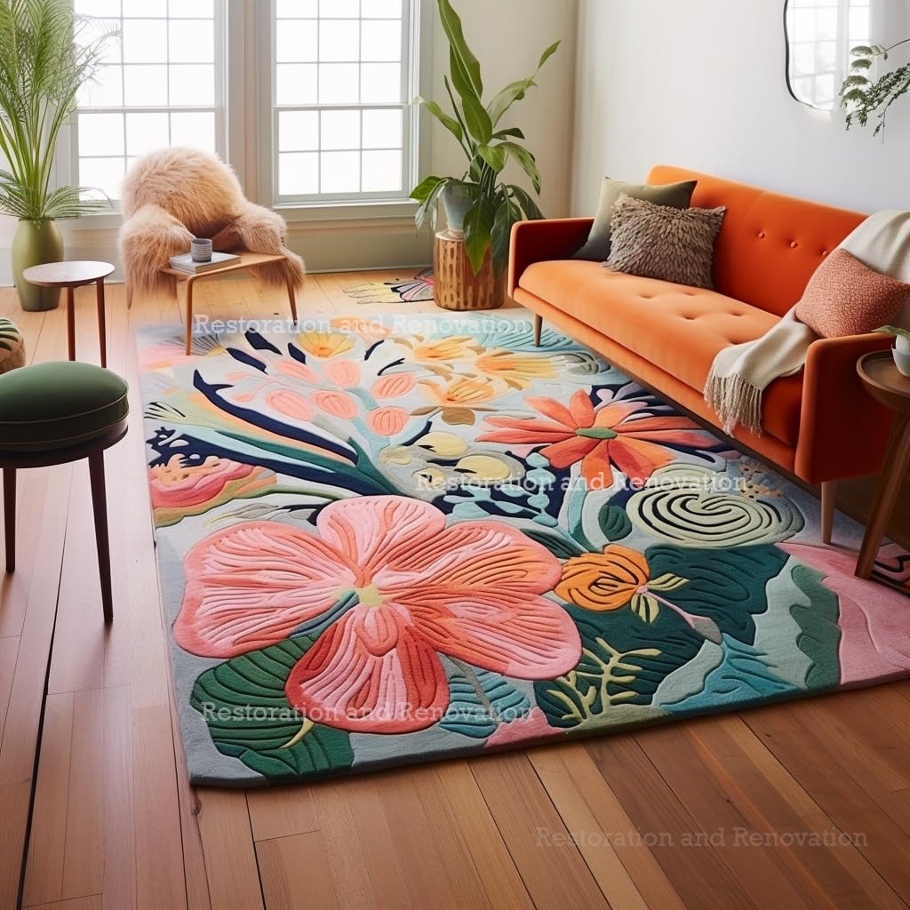 Restoration and Renovation Handmade Wool Floral Area Rug for Living Room | Elegant Flower Garden Design, Soft, Thick and Durable | Bedroom, Dining
