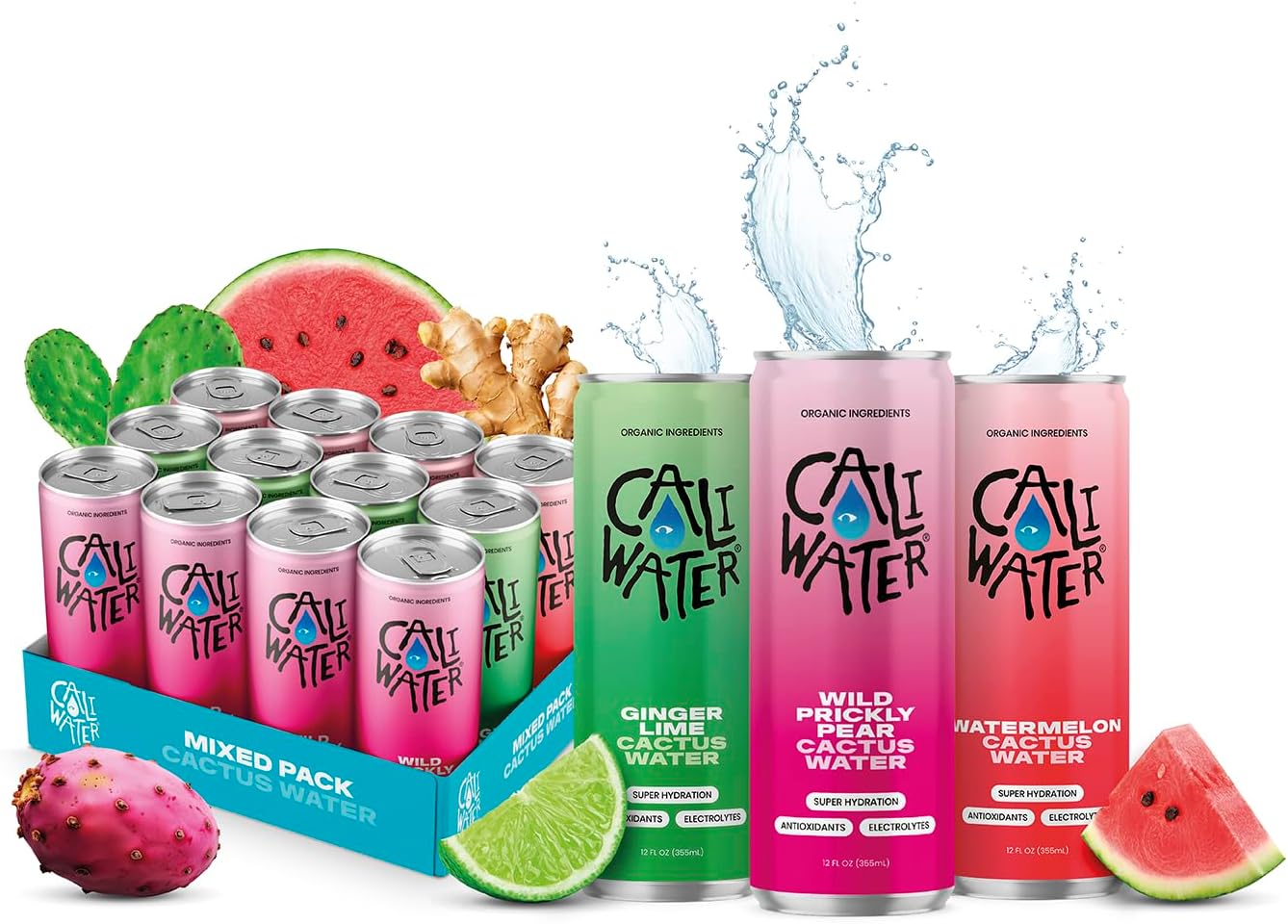 Caliwater - Organic Cactus Water - Variety Pack - Ginger Lime, Prickly Pear, Watermelon - Coconut Water Alternative - Plant Based Hydration - Skin Care, Electrolyte Drinks - Flavored Water - 12 Cans