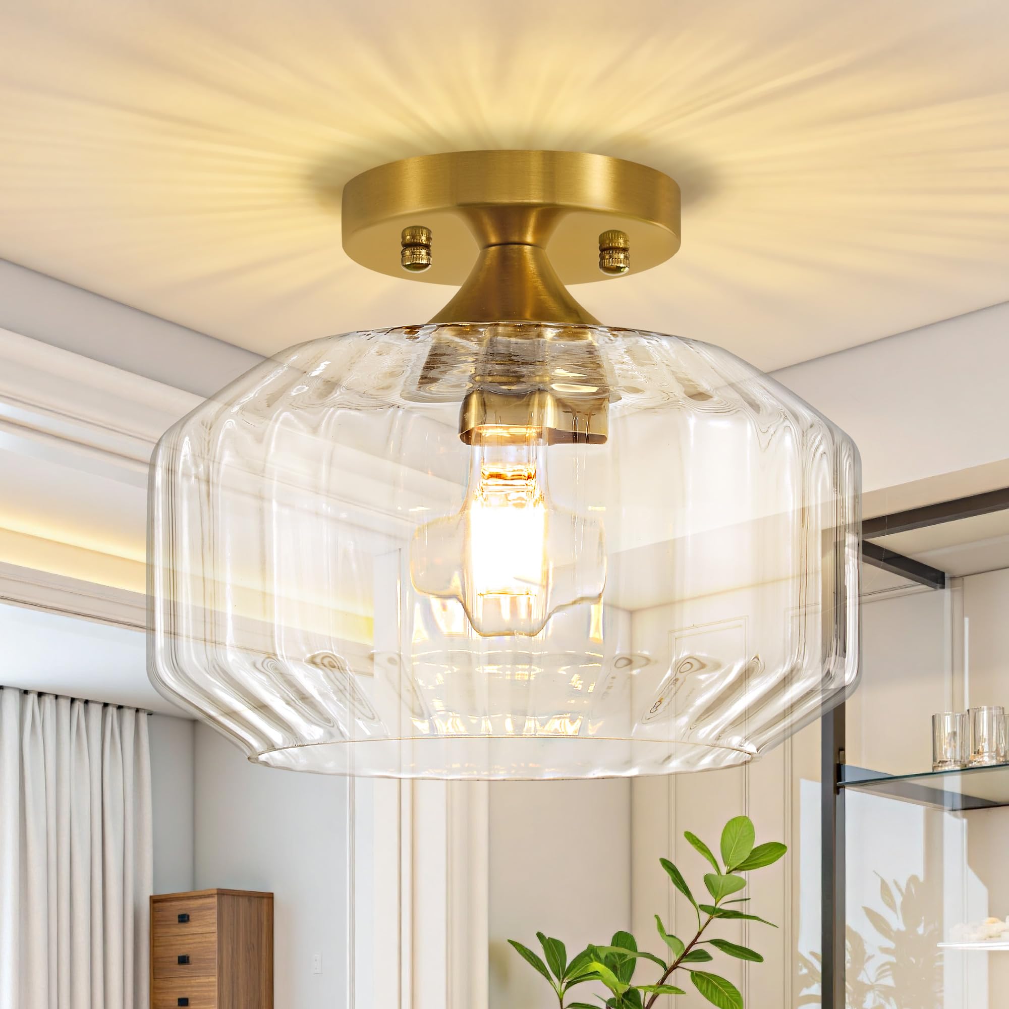 Actask Ceiling Lights, 9.84'' Gold Chandeliers Ceiling Light, 1-Light Modern Semi Flush Ceiling Lighting Fixture with Clear Striped Glass Shade for Hallway Bedroom Kitchen Dining Room