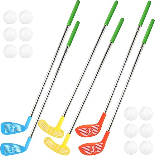 Juego de 18 palos de golf para niños, de plástico, incluye 6 palos de golf escalables y 12 pelotas para niños pequeños, para exteriores, interiores,