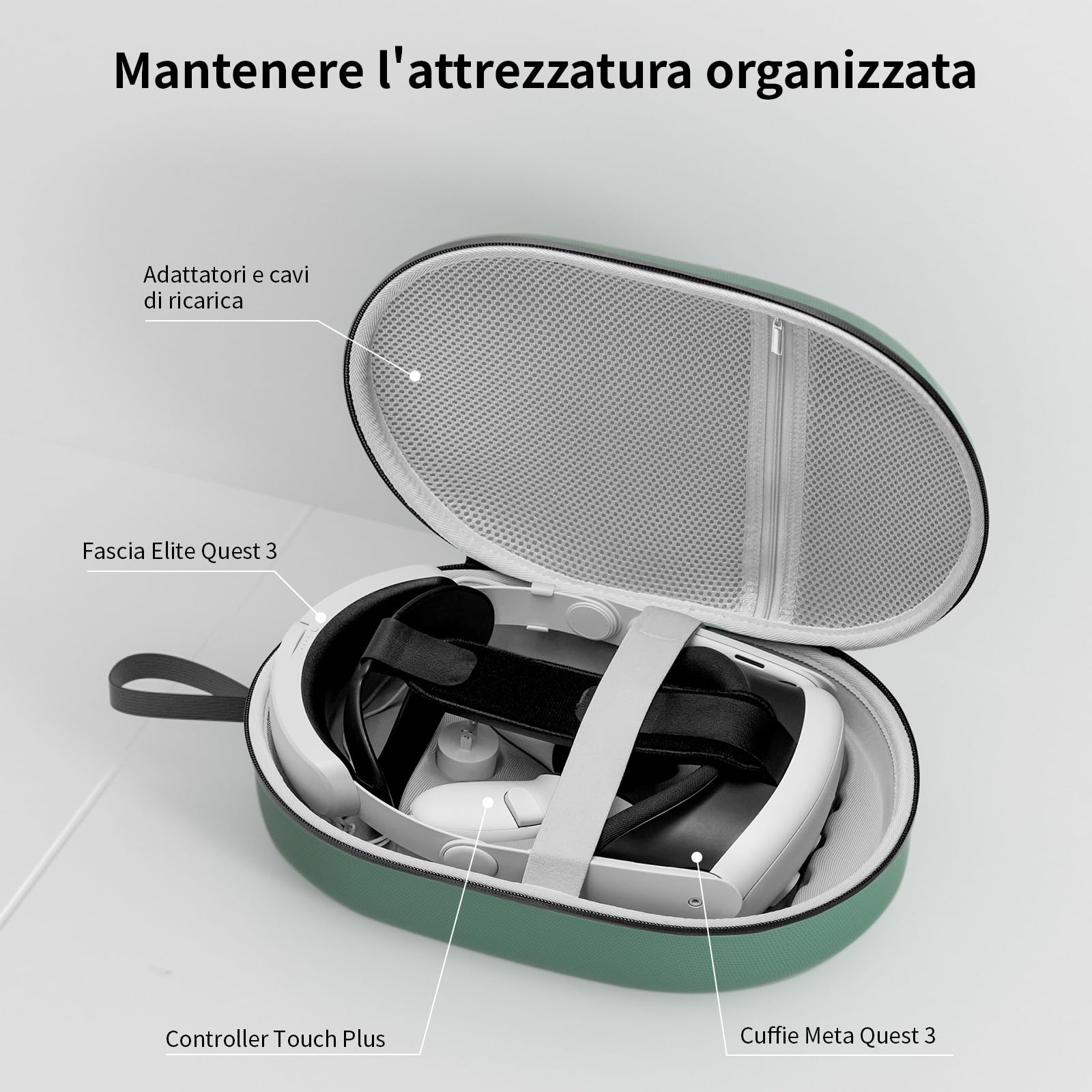 Custodia rigida Meta Quest 3S/Quest 3 compatibile cinturino Battery Elite, verde