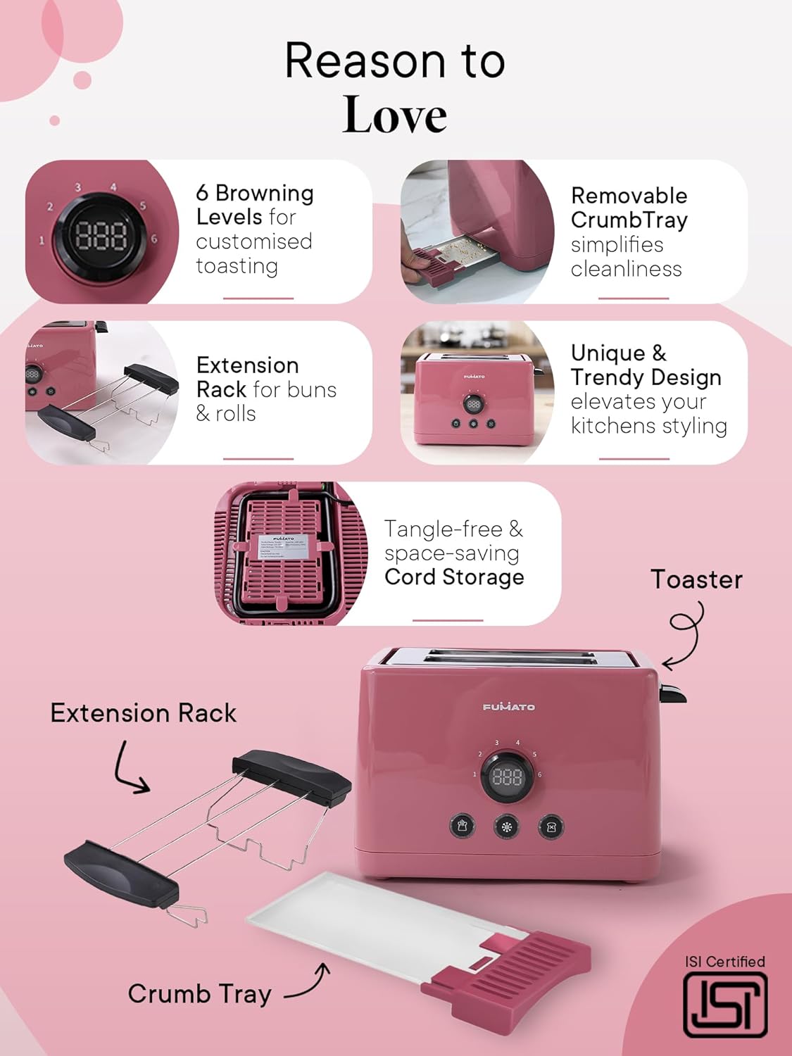 FUMATO 1000W 2 Slice Toaster- Bun Rack, 6 Heat Modes, Automatic Pop Up, Removable Crumb Tray, Stainless Steel, Extra Wide Slots, Reheat, Defrost & Mid Cycle Cancel, Hi-Lift & 1 Year Warranty- Pink