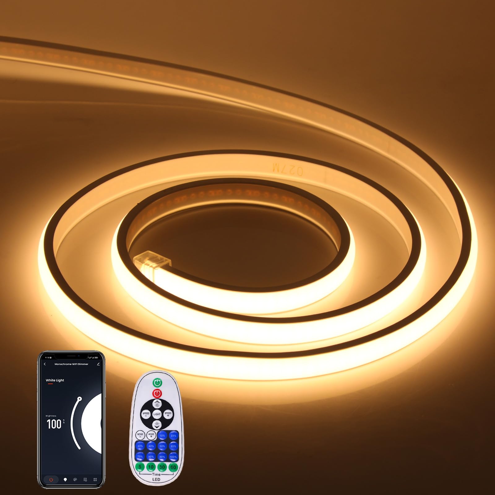 XUNATA WiFi Regulable Tiras de Neón COB de Silicona Flex con Controlador 1500W, LED Luz IP65, Compatible con Alexa y Google (23m, Blanco Cálido)