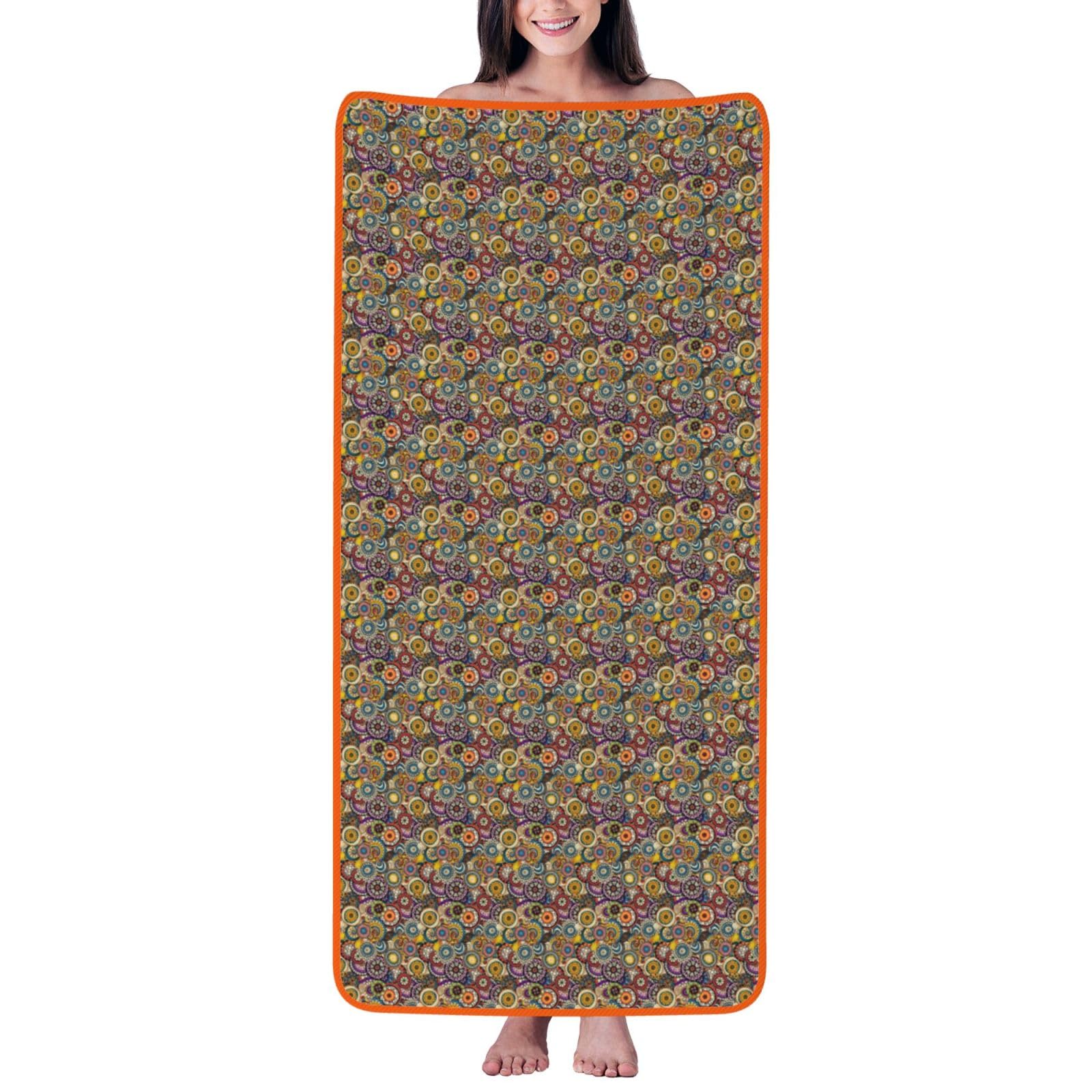 Ztpowqa Women's Orange Ethnic Circles Floral Pattern Print Coral Velvet Bath Towel For Home Gym Lounging Bathroom Spa Hotel Beach Travel