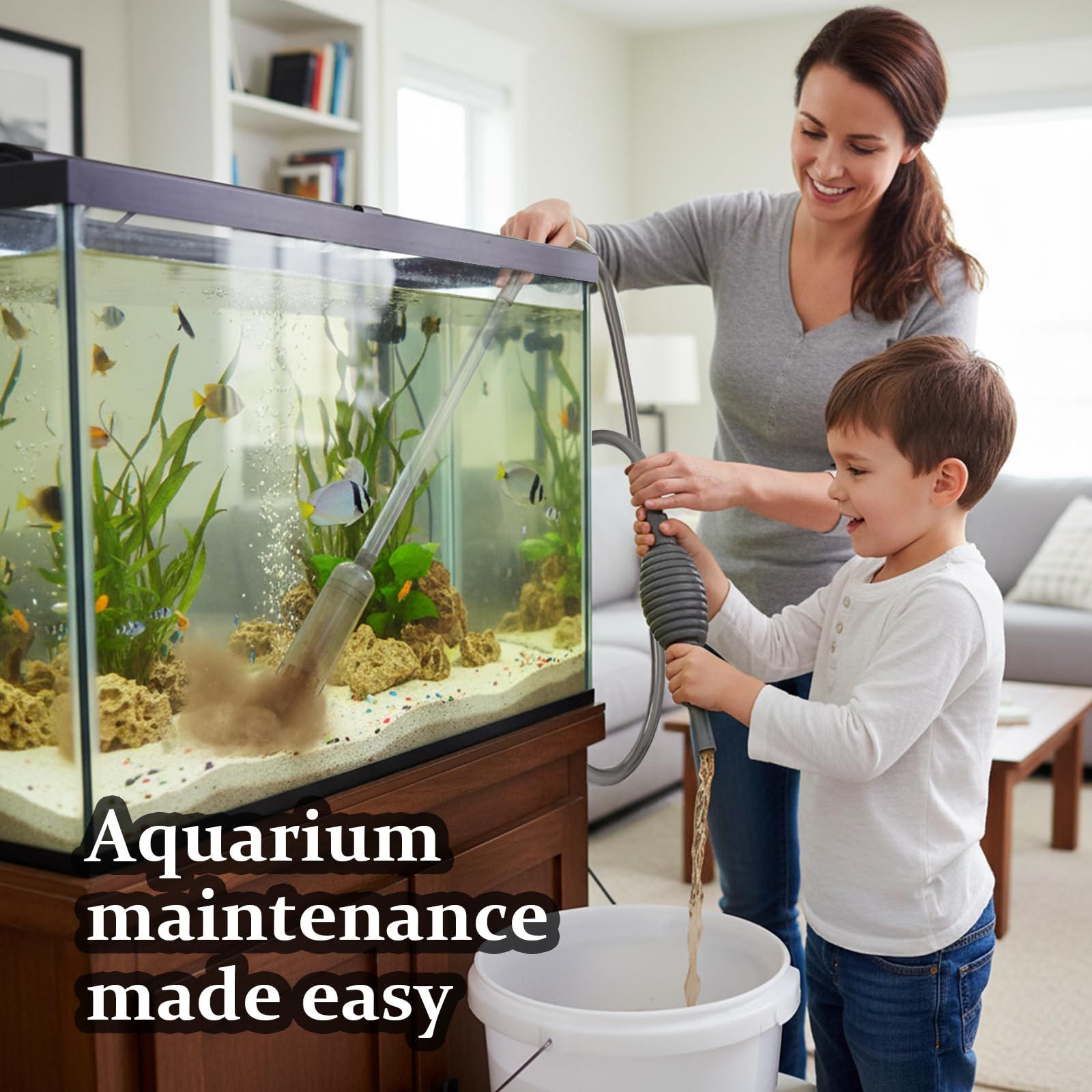 Siphon Aquarium 3 m Tuyau Nettoyeur de Gravier avec Tube Rigide 70 cm, Robinet Marche/Arrêt, Filtre, Buse Bec de Canard, Protection Sable et Support pour Nettoyage Aquarium