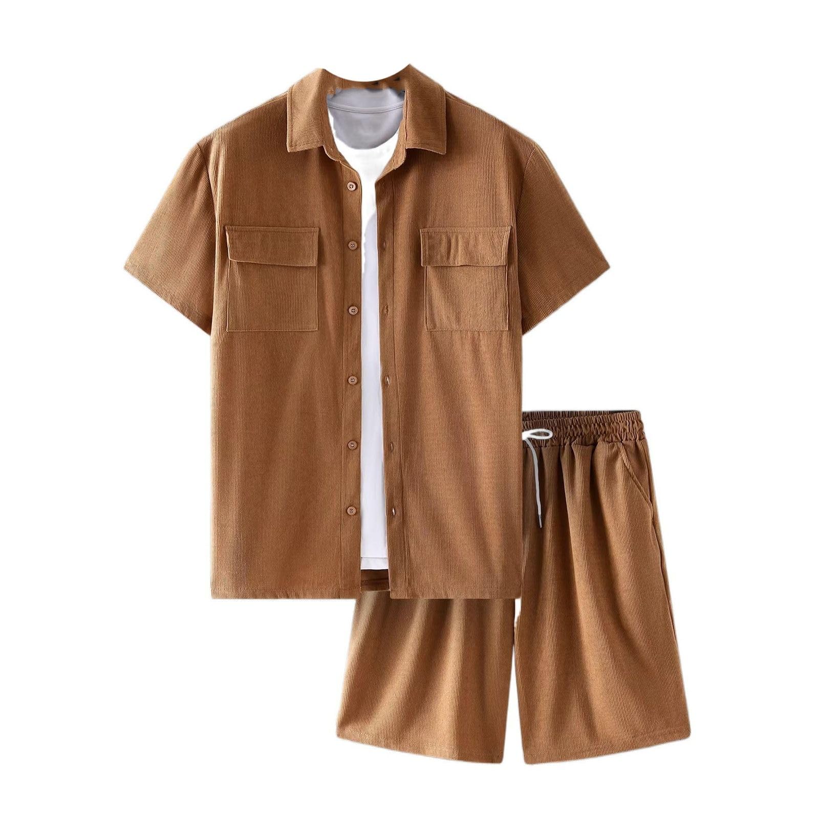 Set da uomo pantaloncini multi tasca, camicia larga e pantaloncini estate