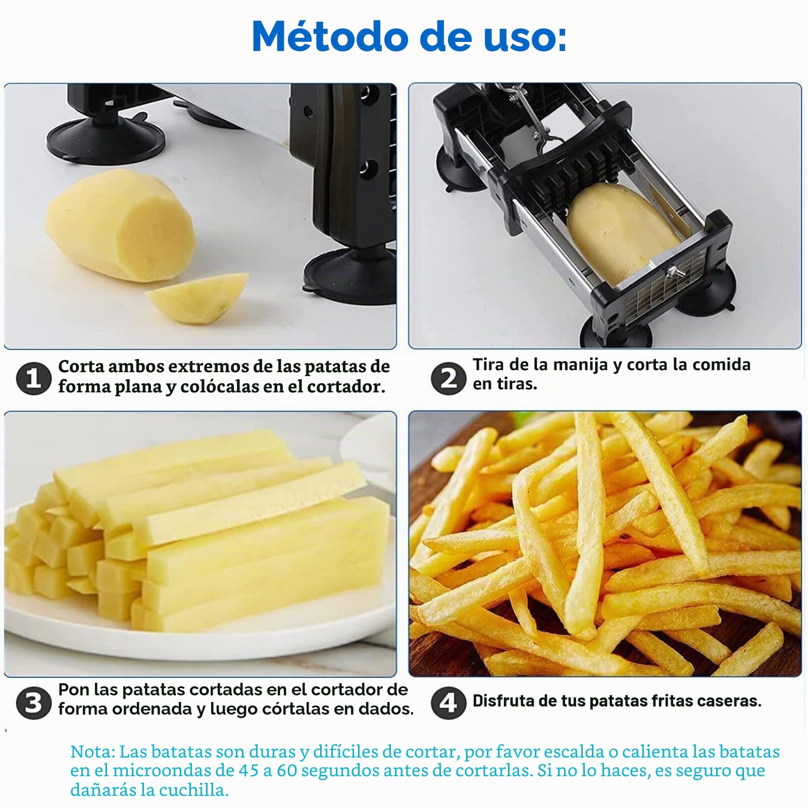 Cortador de Patatas, Patatas Fritas con 2 cuchillas de repuesto afiladas de acero inoxidable súper de diferentes tamaños y pies antideslizantes, perfecto para papas, zanahorias y pepinos