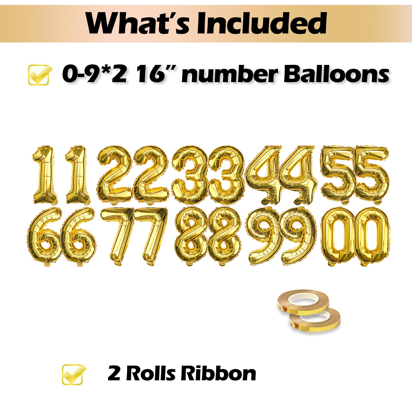[20 Pcs] 16" Gold Foil Number Balloons (2 sets of 0-9) - Mylar Aluminum Hanging Decorations for Graduation, Birthday, Christmas & New Year's Eve Parties