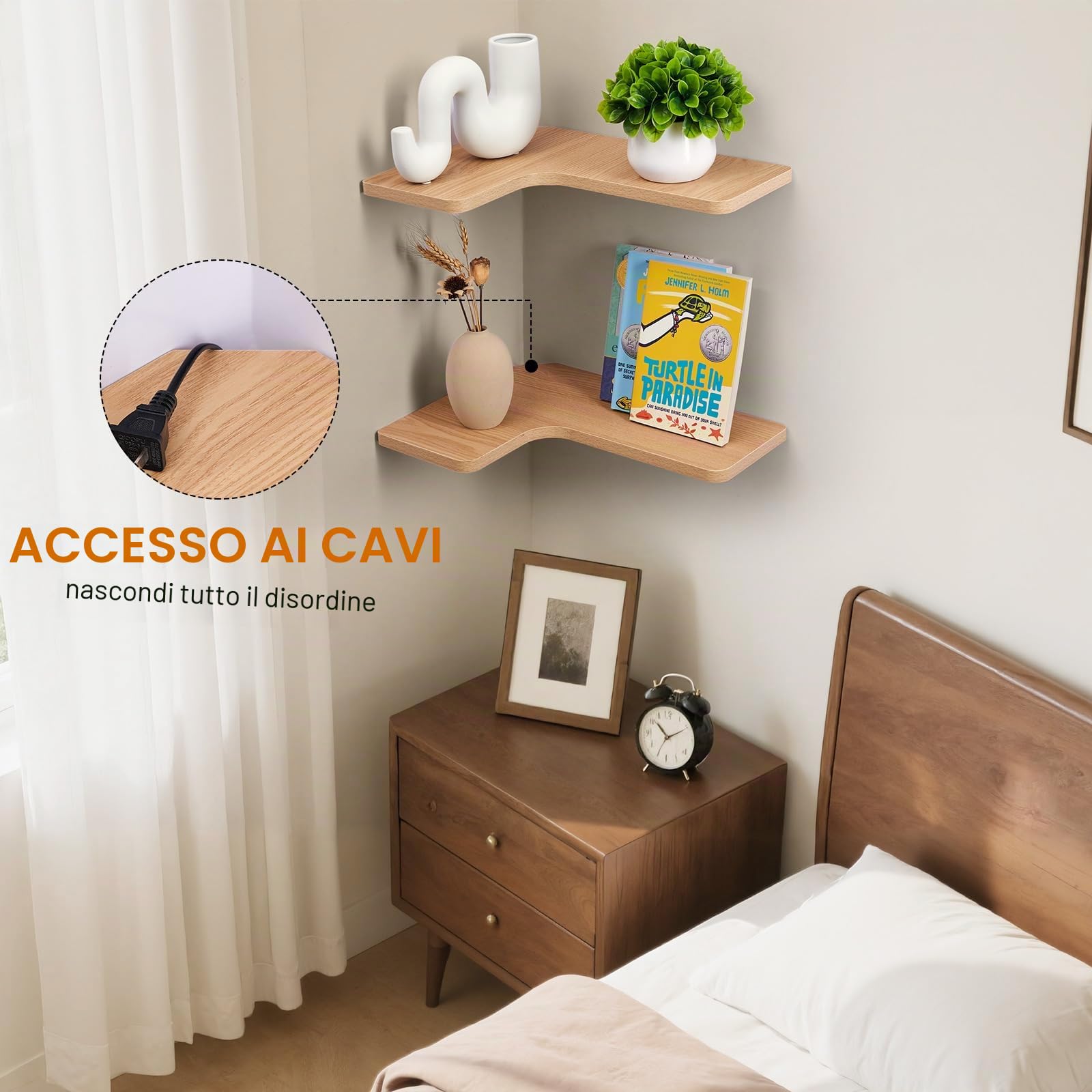 Gieanoo Mensola angolare da appendere, set da 2 scaffali da 40 cm, a forma di L, in legno, per cucina, bagno, soggiorno, camera da letto (naturale)