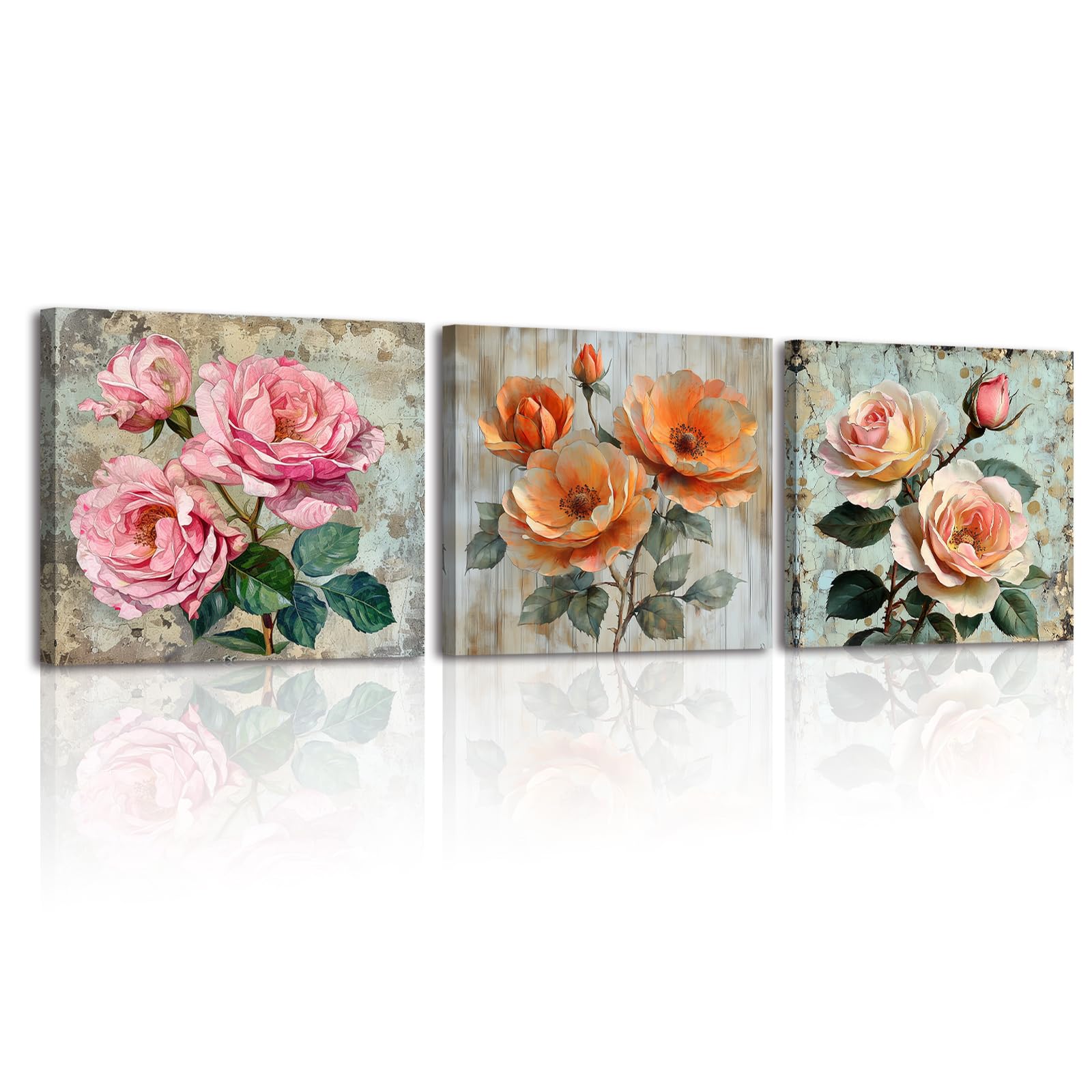 Piy Painting Pintura Sobre Lienzo De Flores, Cuadros De Flores Rosas, Cuadros De Arte Ser Cumpleaños Aniversario Regalos De Bodapara Dormitorio Salón Oficina Decoración, Set De 3, 30x30cm (90x30cm)