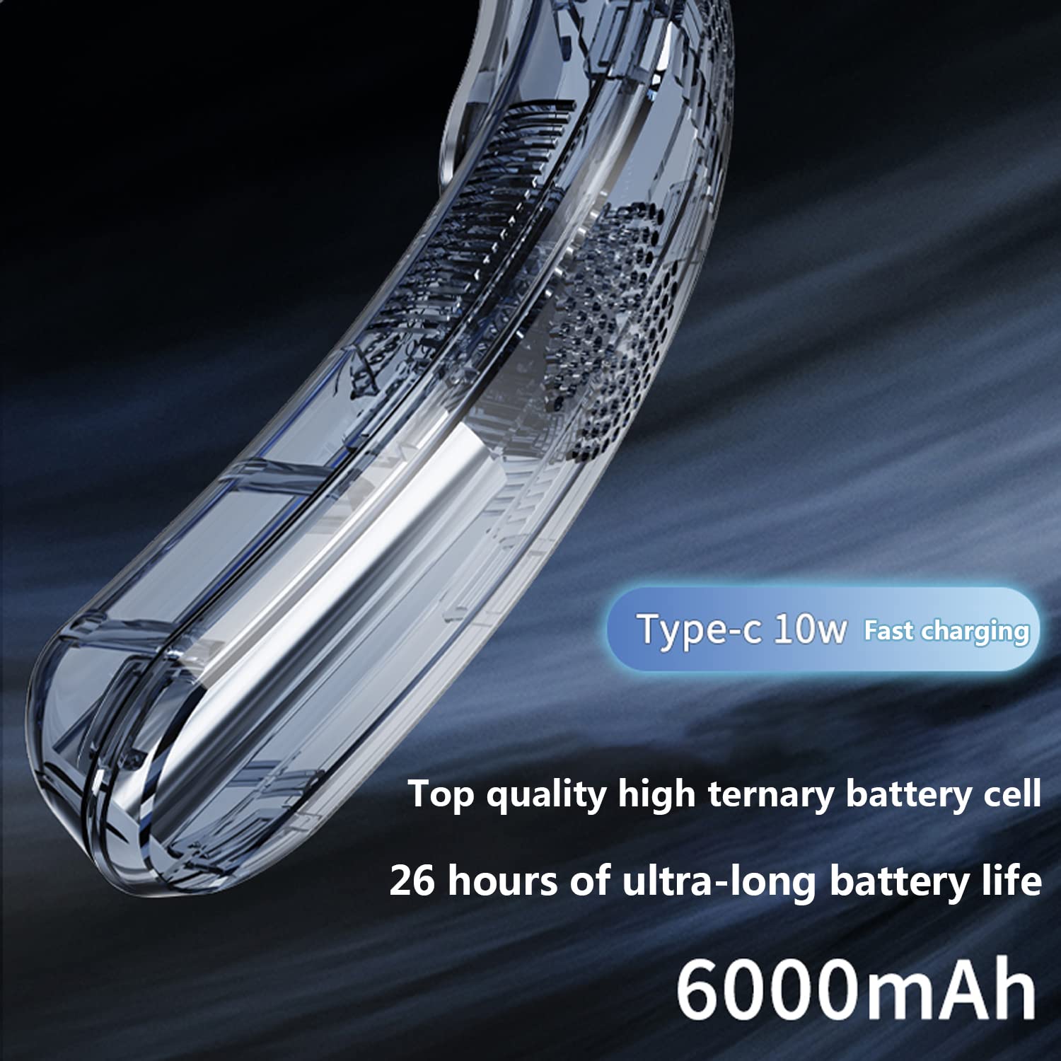 Close-up of the MATIHUNO TC06 showing the Type-C charging port and indicating 26 hours of battery life with a 9600mAh battery.