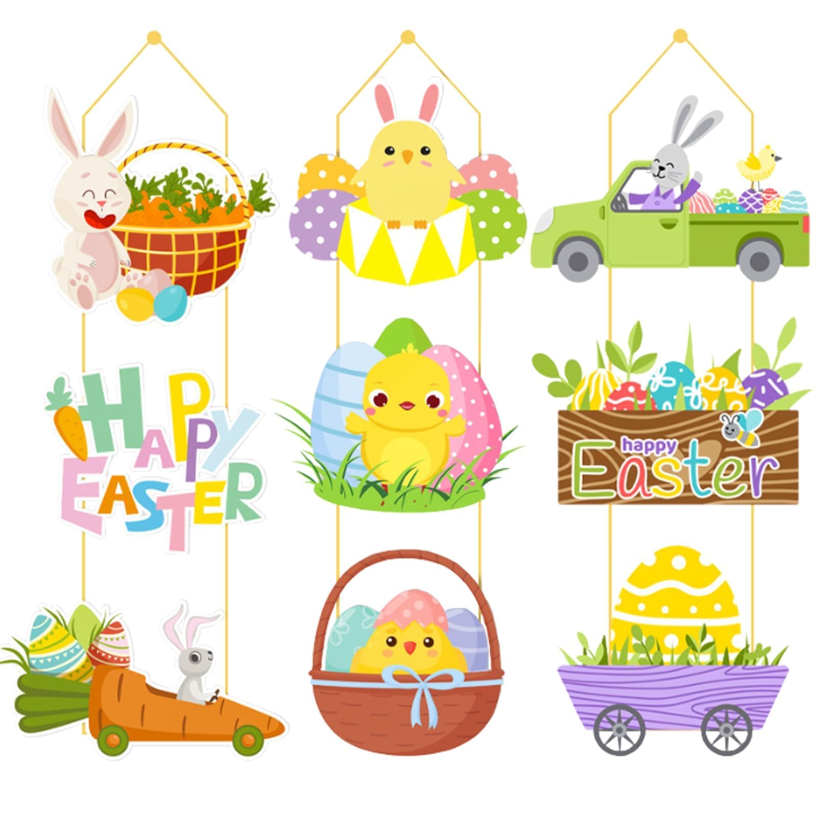 9 Pcs Easter Decoration Egg Bunny Easter Porch Sign Indoor/Outdoor Door Paper Decor Party Supplies