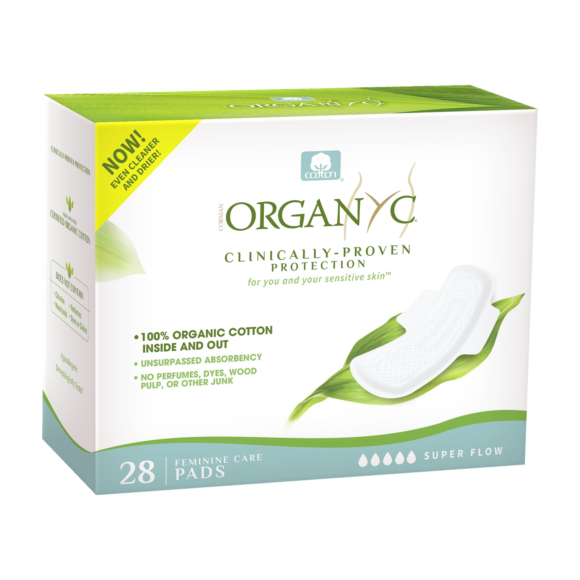 Organyc New and Improved 100% Certified Organic Cotton Inside and Out Overnight Feminine Pads, Heaviest Flow, Super Absorbency, 28 Count