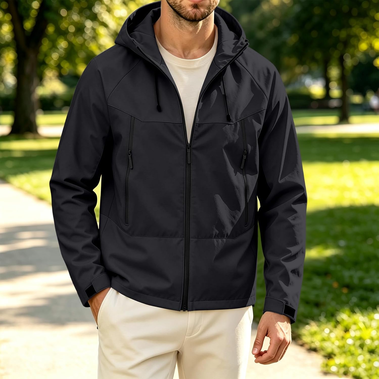 Men Windbreaker Jacket Waterproof Hoodie Long Sleeve Pocket Zip Up Coat