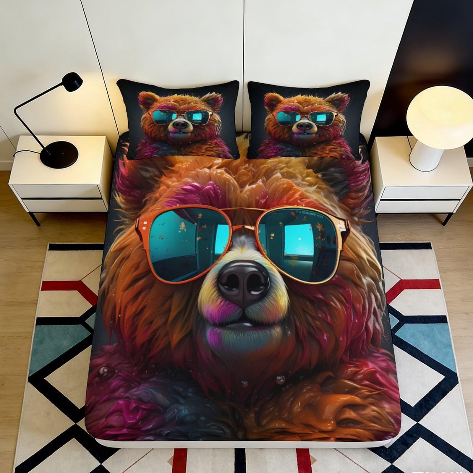 3D Printed Colorful Bear with Sunglasses Fitted Sheet Microfiber Soft Breathable Vibrant Bear Design Mattress Cover for Bedroom Dormitory Guest Room 120x200x25cm