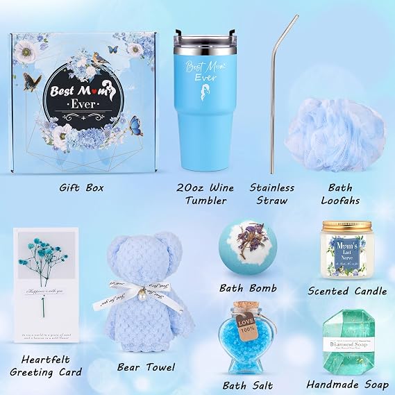 Mom Birthday Gifts Ideas Basket for Moms Mama Mother from Daughter Son Child, Mothers Day Gifts, New Mom Gift, Relaxing Spa Bath Set for Mama 20oz Tumbler