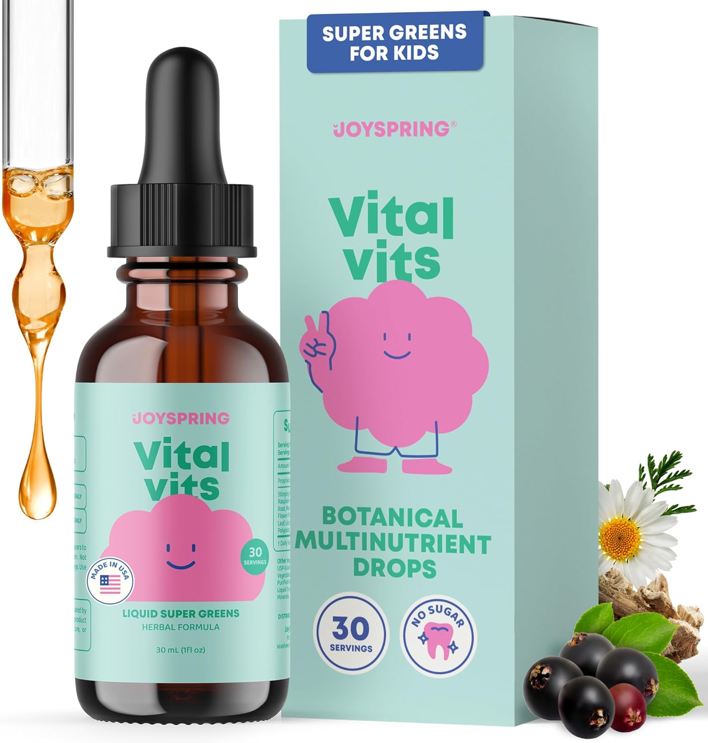 JoySpring Vital Vits - Kids Liquid Multivitamin - 1 fl oz (30 Servings) | Herbal Liquid Vitamins for Kids | Natural Flavor | Toddler Multivitamin with Elderberry, Spirulina, and More