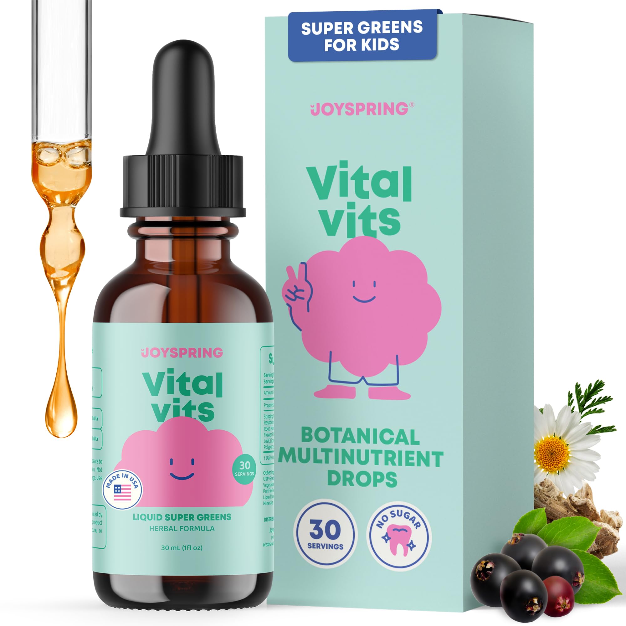 JoySpring Vital Vits Kids Multivitamin Drops, Herbal, 30 Servings Vital Vits Drops 1 Fl Oz (Pack of 1)