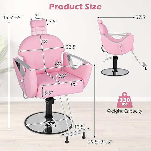 Vista 12 de Giantex Silla de peluquería reclinable, silla de salón para estilista, giratoria de 360 grados, altura ajustable y reposacabezas, bomba hidráulica