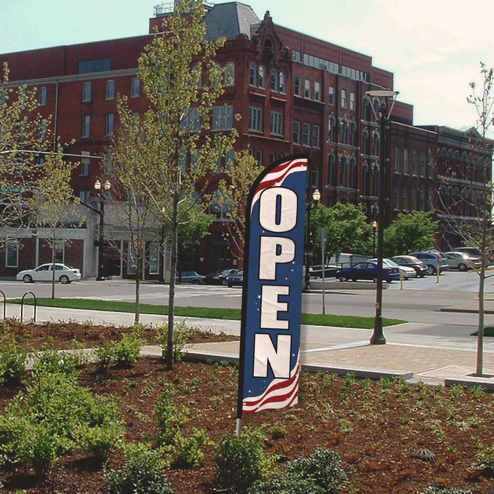 Infinity Republic - Open (Patriotic) Windless Full Sleeve Banner Swooper Flag & Pole Kit - Perfect for Businesses, Dealerships, Events, Stores, etc!