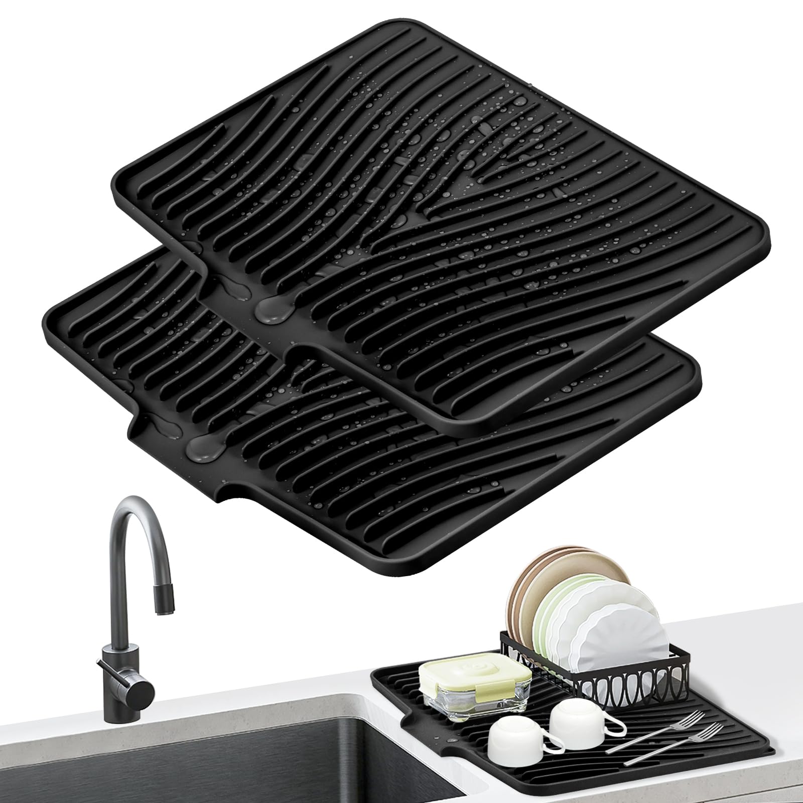 TIKNIK Tappetino scolapiatti in silicone, tappetino scolapiatti per bancone della cucina con scarico integrato, tappetino antiscivolo con scarico integrato, tappetino scolapiatti resistente al calore