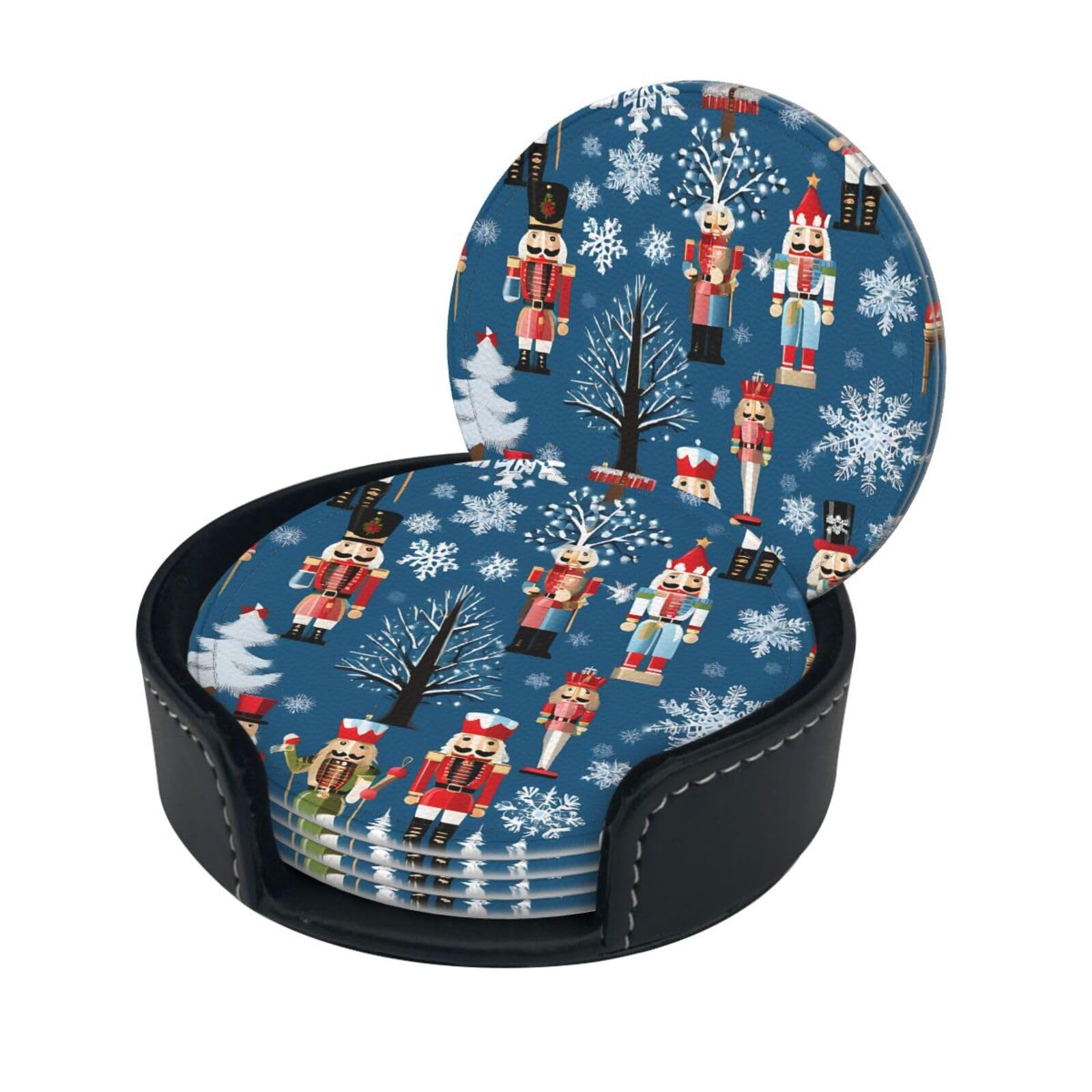 Women's Nutcracker Ballet Xmas Dance Print Coaster,Round Leather Coasters with Storage Box for Wine Mugs,Cold Drinks and Cups Tabletop Protection (6 Piece)