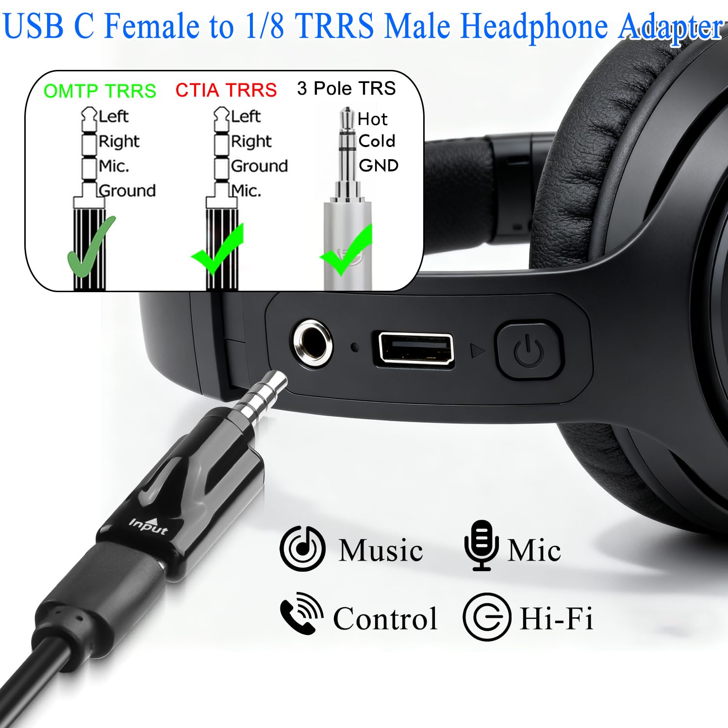 QIANRENON USB-C Naar 3,5 Mm Audio-adapter Met DAC-chip – Set Van 2, Geschikt Voor Telefoon, Auto En Headset