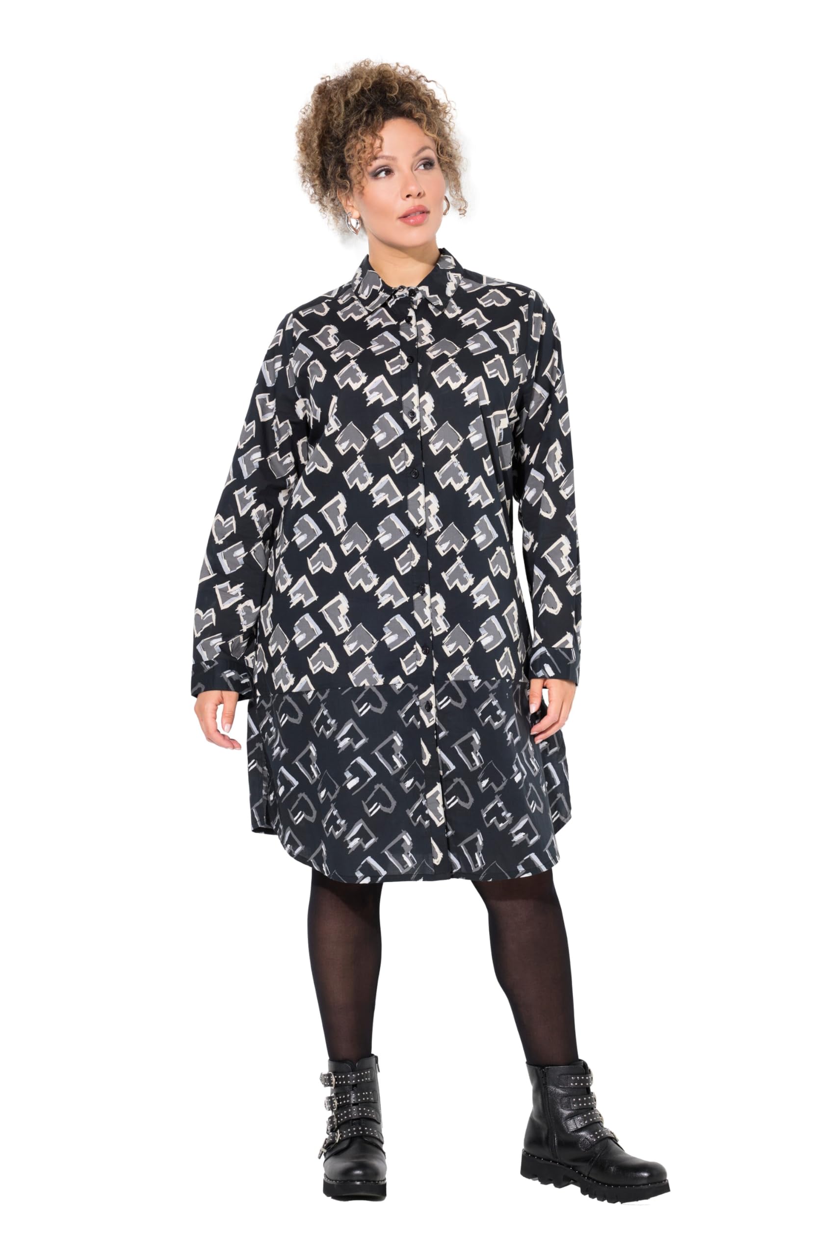 Ulla Popken Damen große Größen Übergrößen Plus Size Longbluse, Herzen, A-Linie, Hemdkragen, Langarm 834986