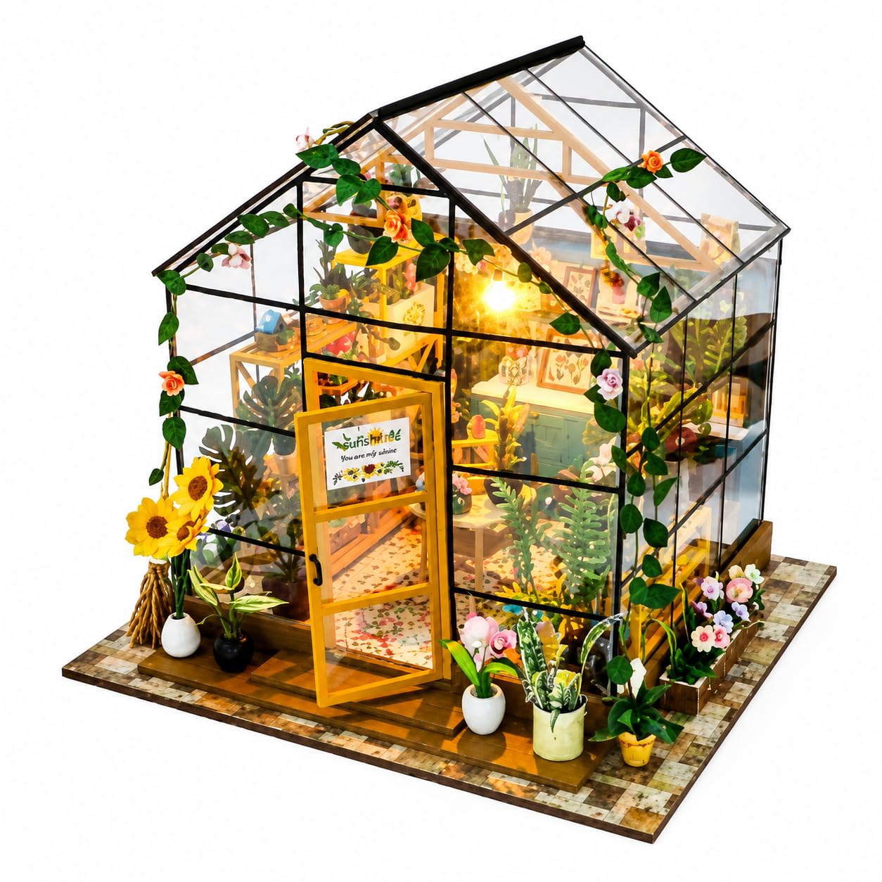 Sunshine Flower House DIY Miniature Greenhouse Kit with LED Lights, Wooden 3D Craft Building Kit for Adults & Teens, Botanical Home Decor & Creative Gift Book Nook
