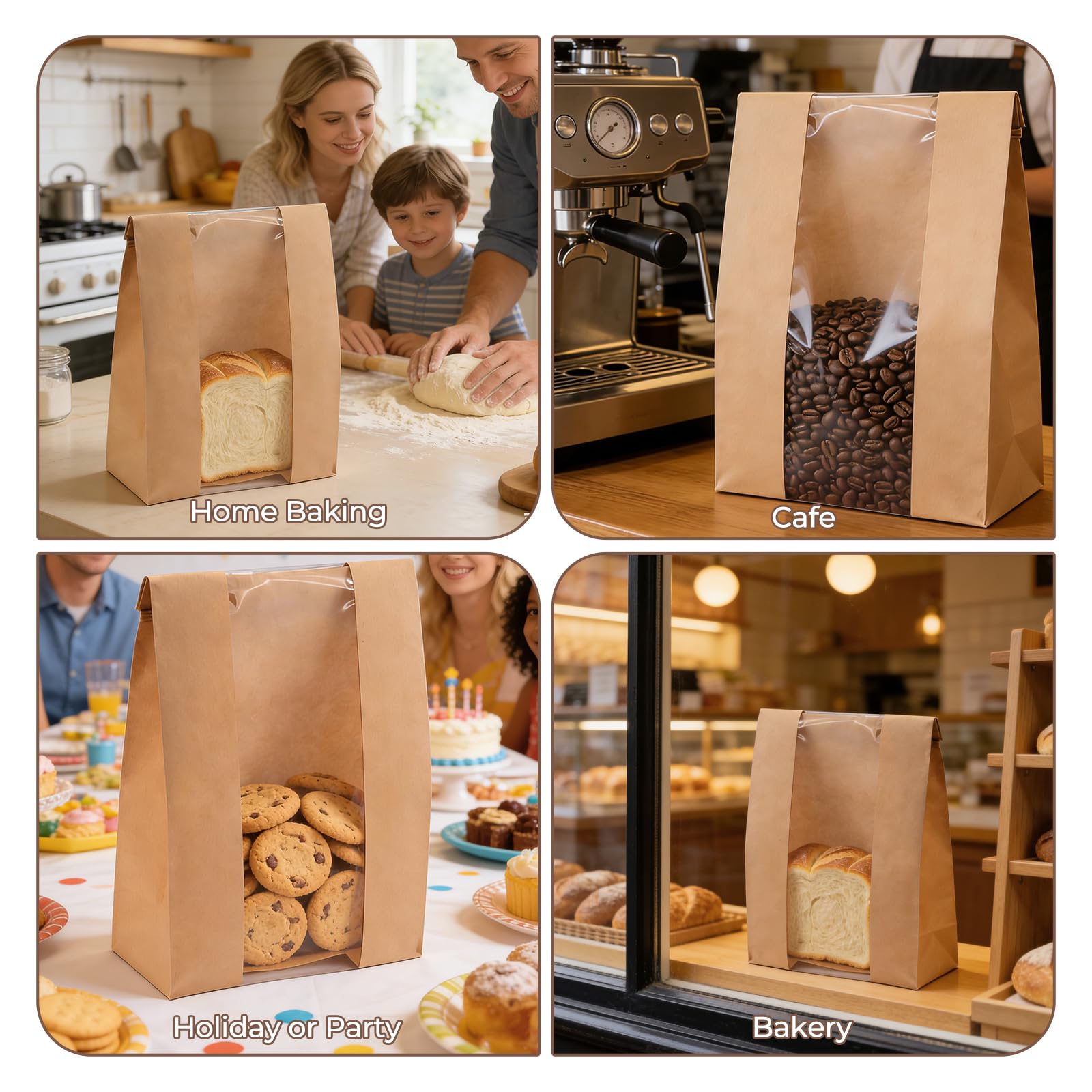 Twdrer Paquete de 50 bolsas grandes de papel kraft para pan con ventana frontal transparente, cierre de pestaña de estaño, bolsas de embalaje de café para panadería, café, galletas, con 60 etiquetas