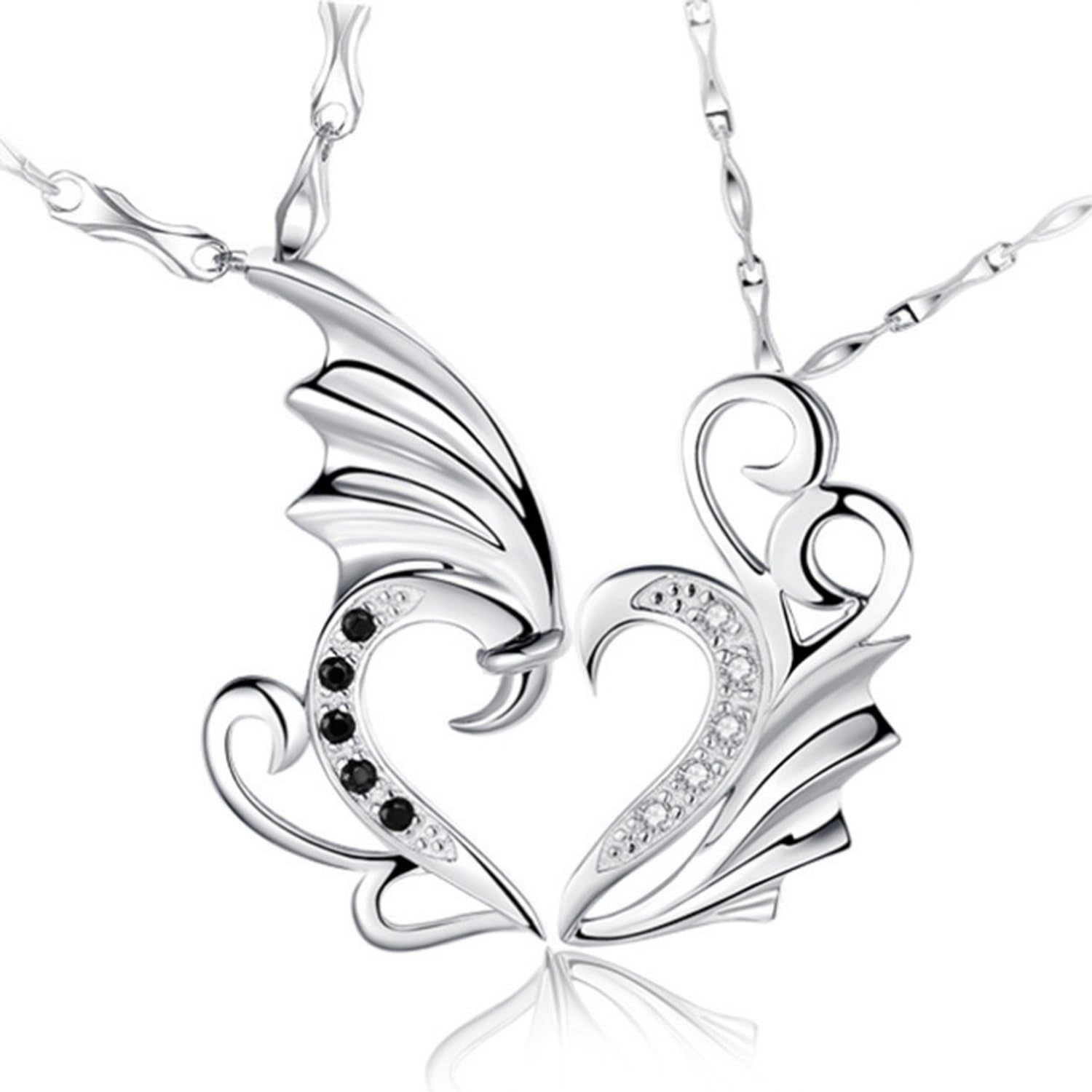 14K White Gold Overlay Sterling Silver Couple His and Hers Diamond Accent Heart Couple Necklace His and Hers Lover Necklace (Dragon&Phoenix)