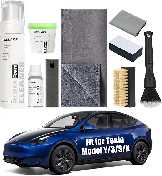 COSLAKE for Tesla Interior Cleaner Kit 9PCS, Foam Seat Cleaner Safe for Tesla Black & White Vegan Leather, with Screen Cleaner, Plastic Restorer, Car Detailing Kit for Model Y/3/S/X Accessories