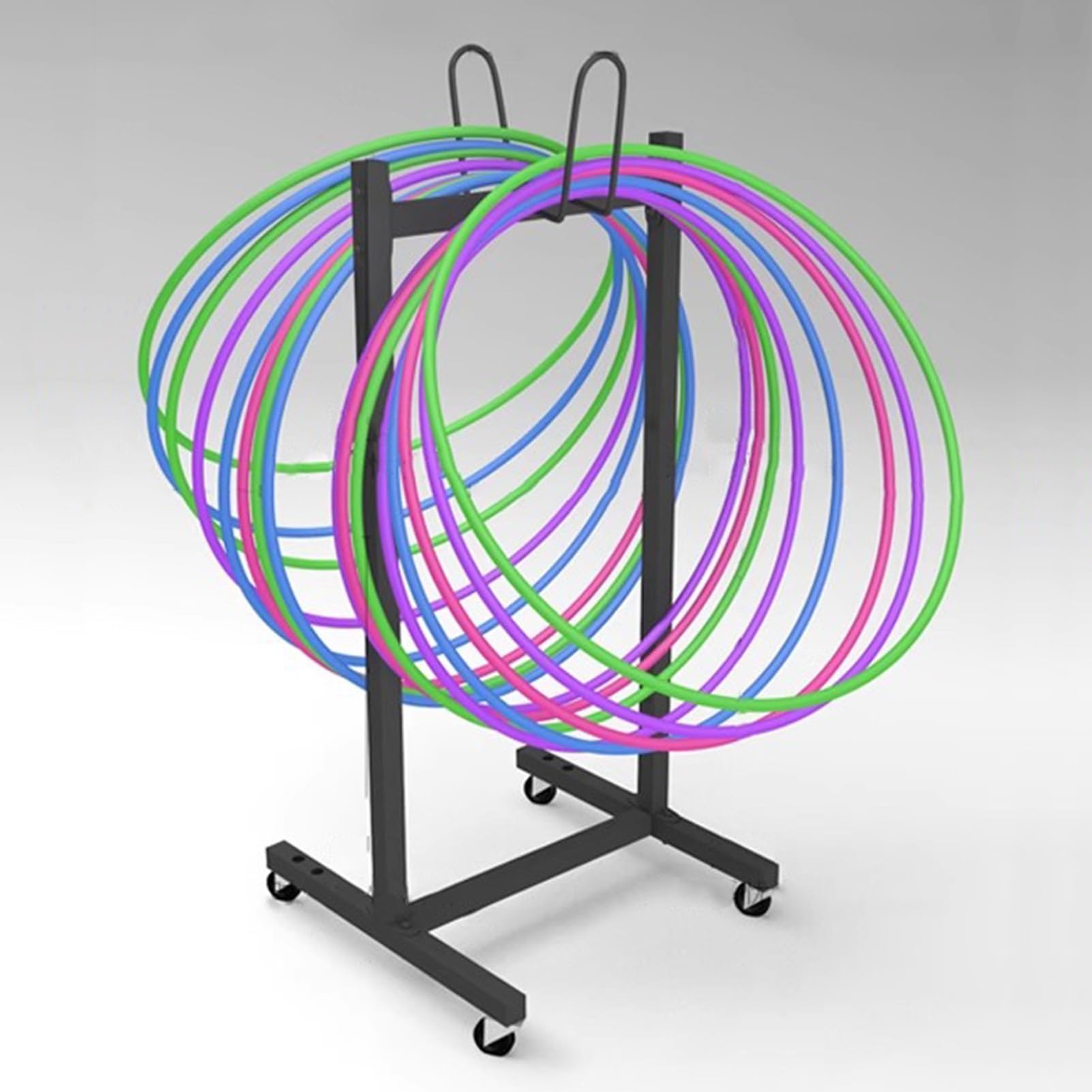 ZIMGOD Floor Standing Hula Hoop Stand Holder with Wheel, Metal Mobile Jump Rope Rack, Fitness Hoop Storage Cart, Gym Exercise Hula Hoop Display Stands