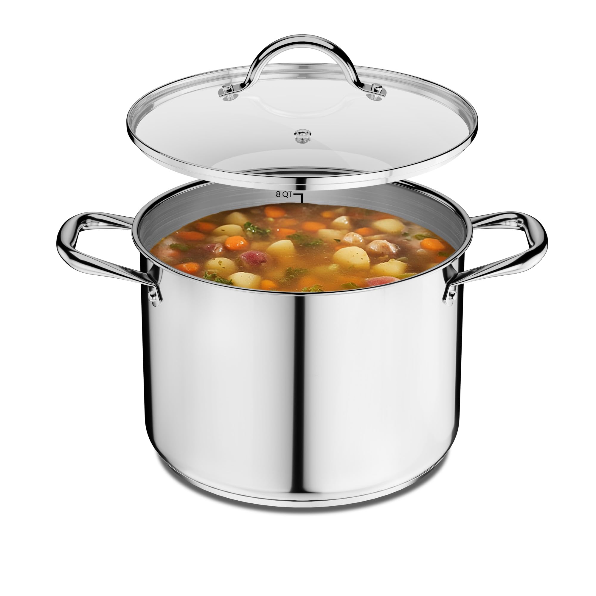 Stainless Steel Stock Pot with 8 Quart Tempered Glass lid, Durable 18/0 Stainless Steel, Impact Bonded Base for Even Heating, Riveted Handles, Oven Safe and