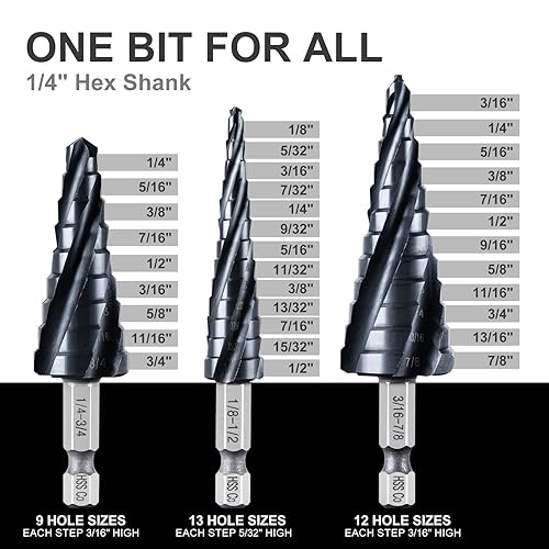 Miniatura 6 de Juego de 3 brocas escalonadas, broca escalonada de cobalto de 18 a 78 pulgadas, con cuatro espirales, vástago hexagonal de 14 pulgadas para acero