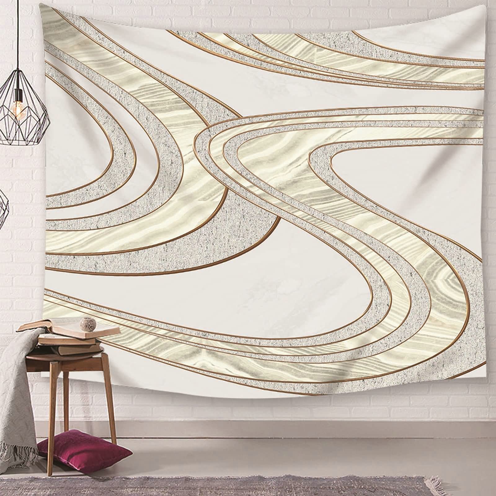 Tapiz de pared, diseño de líneas geométricas, decoración de pared, de poliéster, gris, caqui, 350 x 256 cm