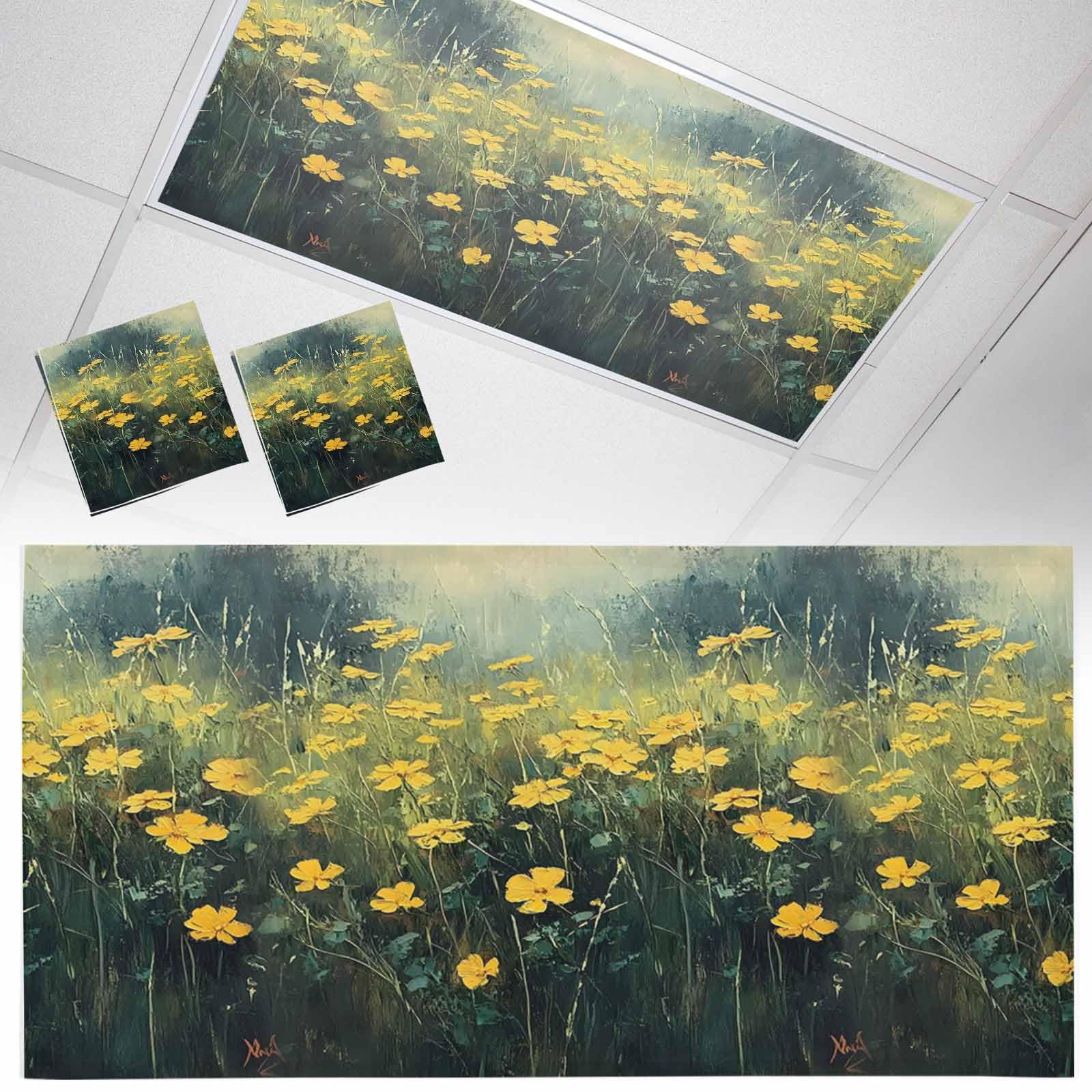 Wowouhiya 2 Pack Fluorescent Light Cover for Ceiling Lights, Yellow Spring Floral Magnetic Classroom Light Filters 4x2 Feet, Modern Oil Painting Summer Botanical Decorative Ceiling Shade Panel