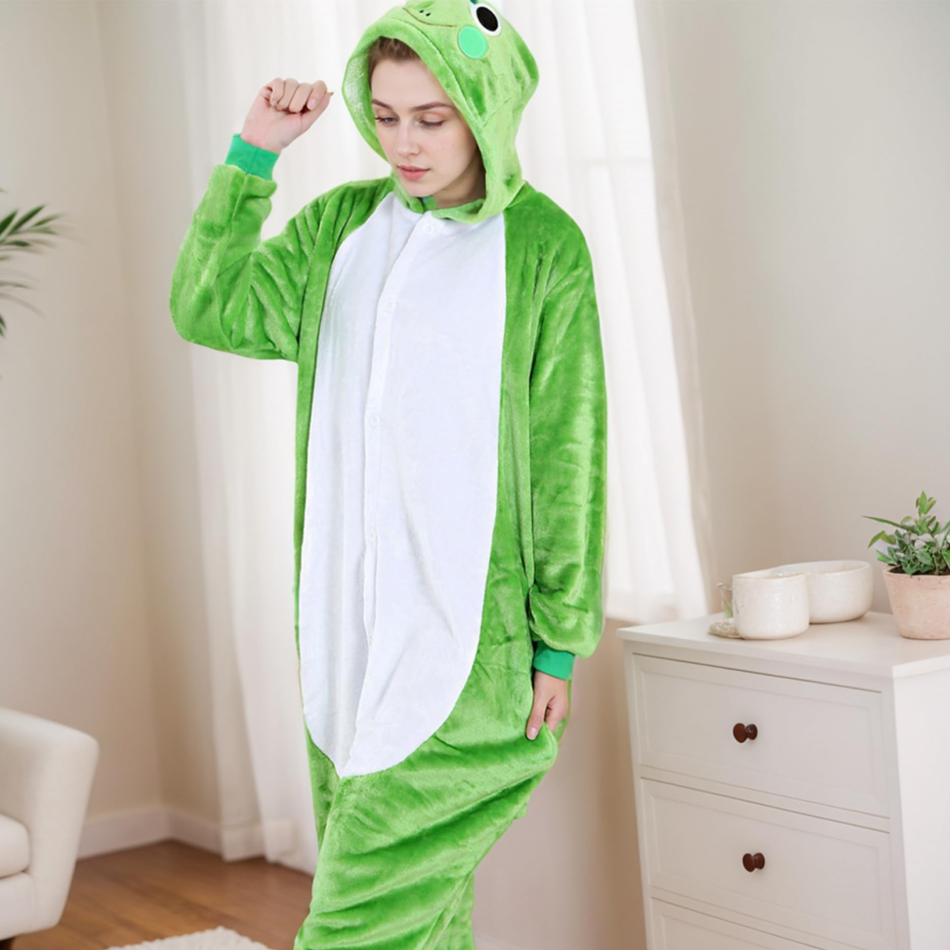 Combinaison Grenouille Mignonne et Douce Costume de Grenouille à Manches Longues Animal de Dessin animé Combinaison avec Yeux Ronds Chapeau Costumes Cosplay Confortables pour la Maison et la fête