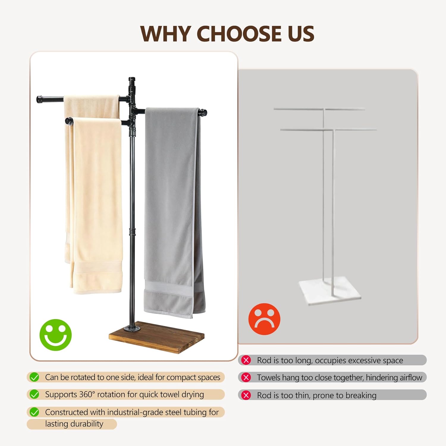 Hjarta Standing Towel Rack for Bathroom, 360° Swivel Freestanding Towel Holder with Wooden Base, 3 Rotating Arms for Bath Sheets & Pool, No-Drill Farmhouse Floor Stand for Spa, Bedroom