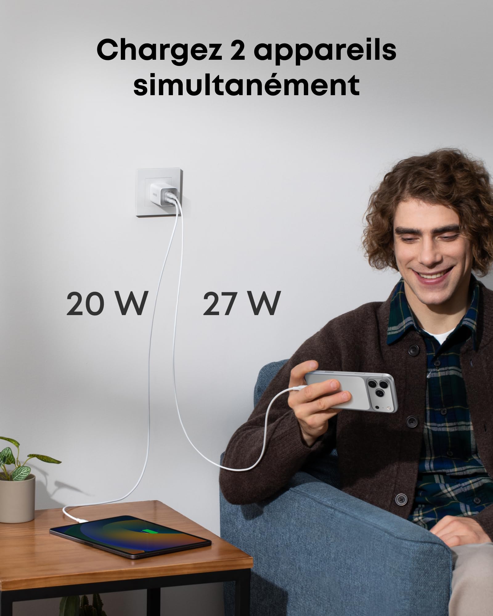 Anker 523 Chargeur USB C 47 W (Nano 3), Chargeur Samsung Charge Rapide GaN Compact 2 Ports pour iPhone 16/16 Plus/ 16 Pro Max/15/14/13, Galaxy, Pixel 4/3, iPad/iPad Mini (câble Non Inclus), Blanc