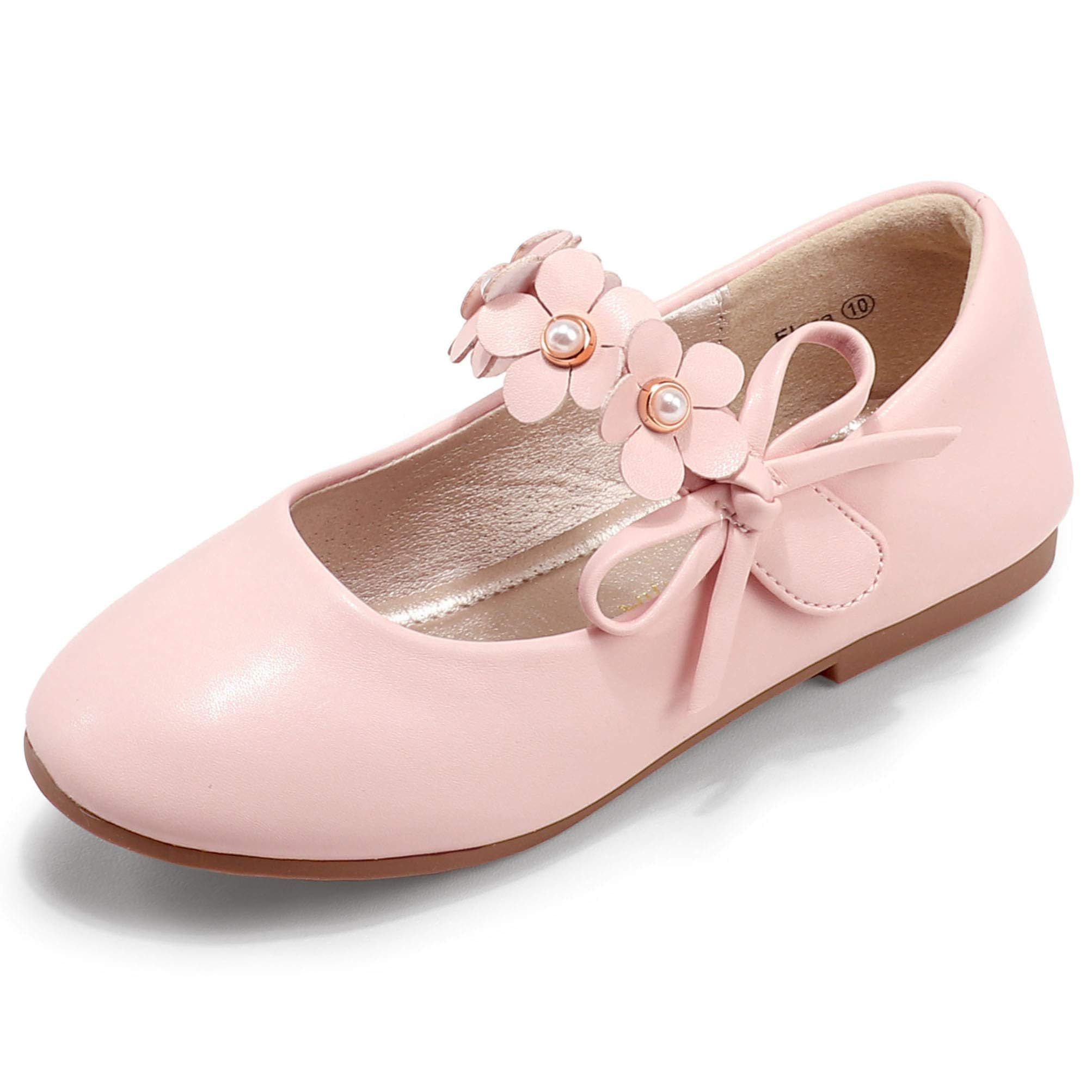 PANDANINJIA Toddler Girls Dress Shoes Flower Girl Flats Pearls Bow Mary Jane Wedding Party Flora Shoes