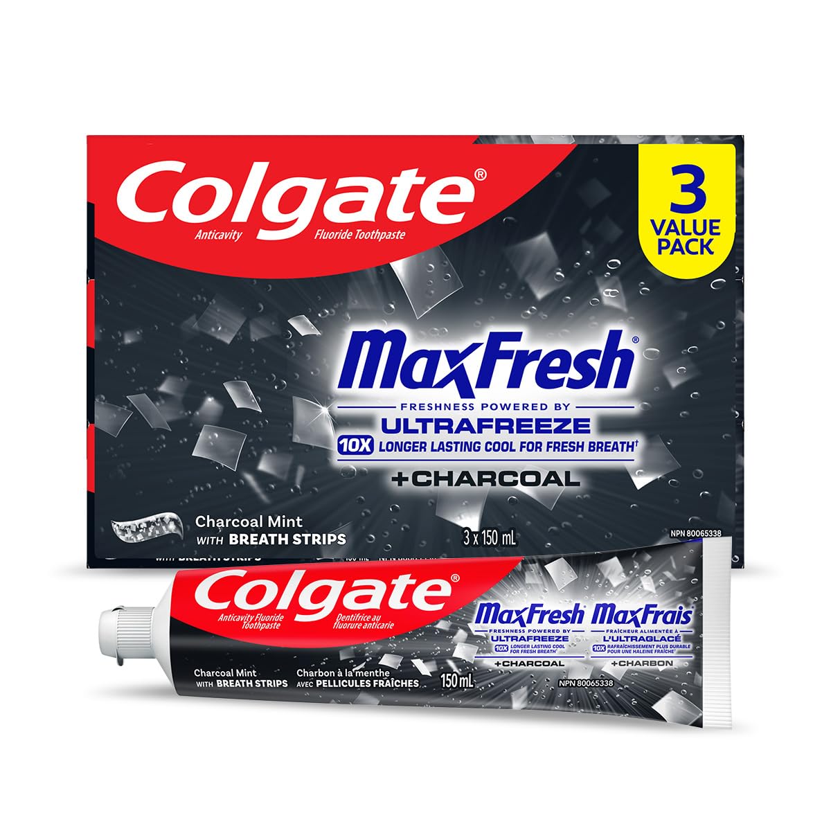 Colgate MaxFresh Charcoal Toothpaste - Fluoride Whitening Formula with Enamel Protection for a Fresh Clean Smile - Dentifrice for Daily Oral Care 150ml, 3 pack