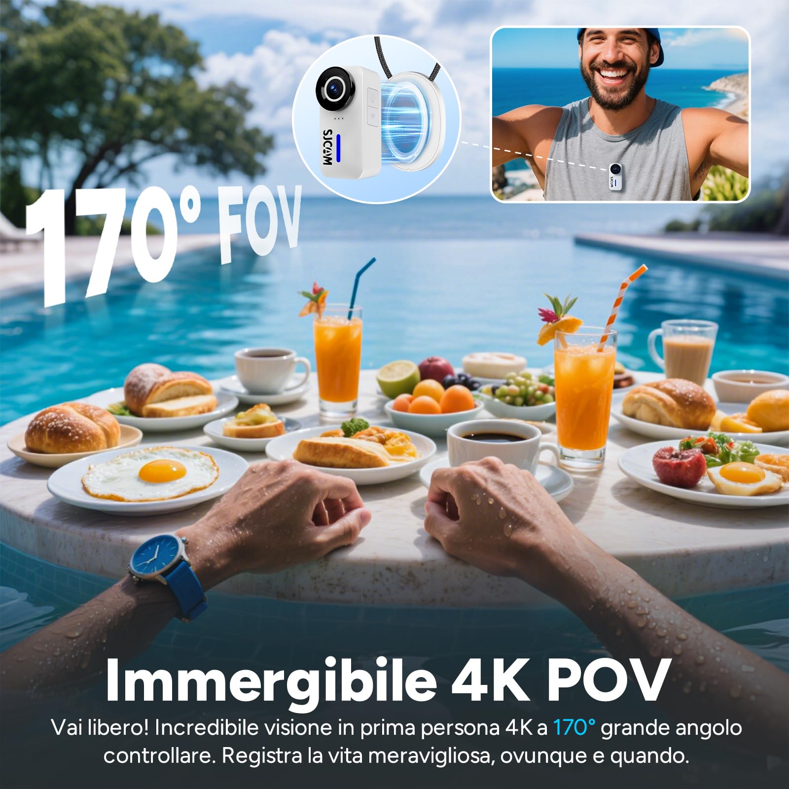 SJCAM C110 Plus - Mini fotocamera magnetica per corpo, 4K 170° Fov, scheda da 64 GB con registrazione audio e video, stabilizzazione a 6 assi, zoom 8x, videocamera tascabile impermeabile per vlogging