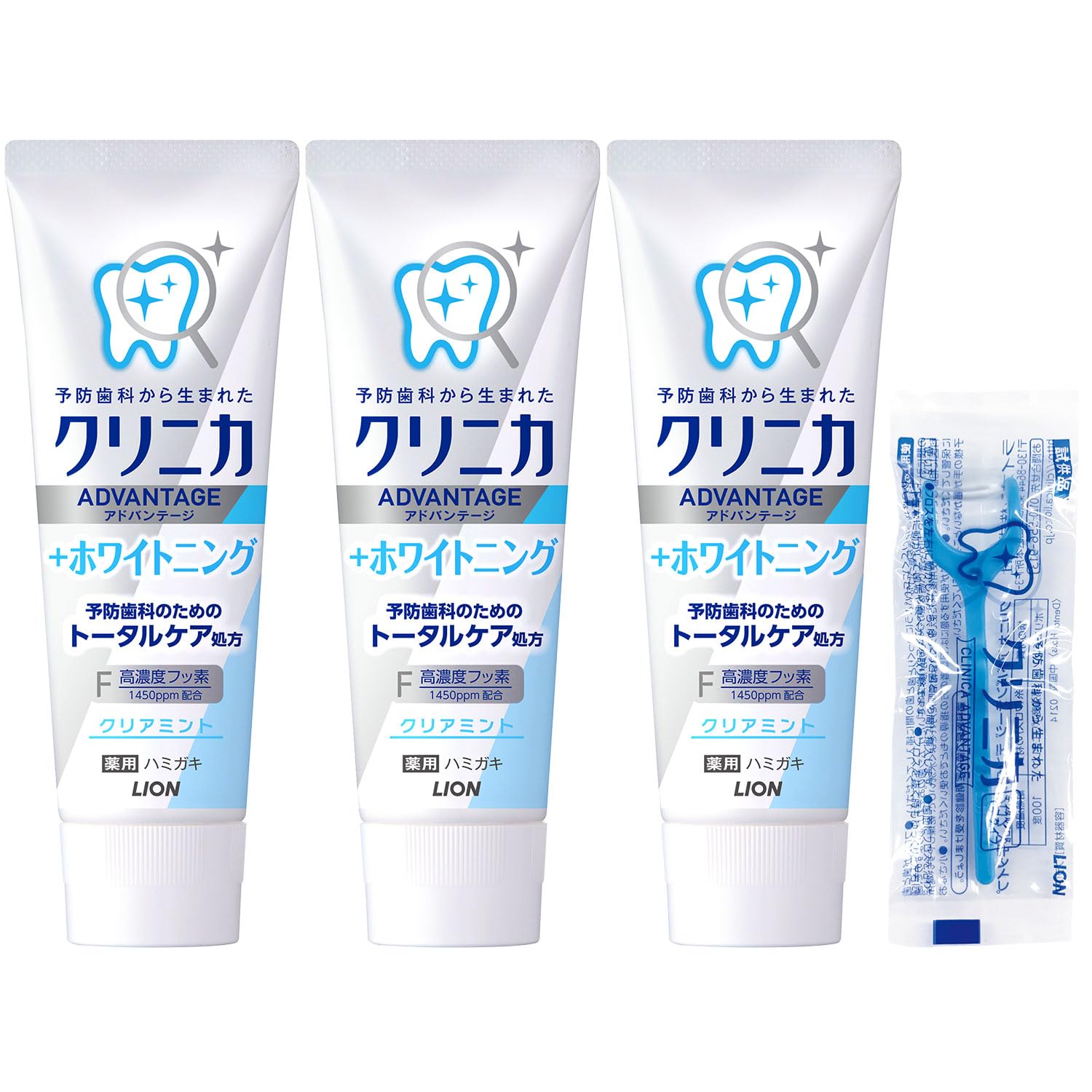 【Amazon.co.jp限定】クリニカ アドバンテージ +ホワイトニング [医薬部外品] ハミガキ クリアミント 130ｇ×3個+フロス付き 歯磨き粉 高濃度フッ素 (1450ppm配合) 虫歯