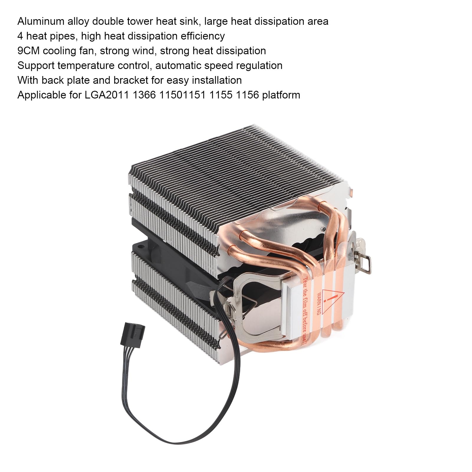 Bewinner Dissipatore CPU con 4 di Calore per LGA2011 1366 1150 1151 1155 1156, Dissipatore di Calore a Doppia Torre in Alluminio con Ventola PWM da 9 Cm, Kit di Raffreddamento CPU per Dissipazione del