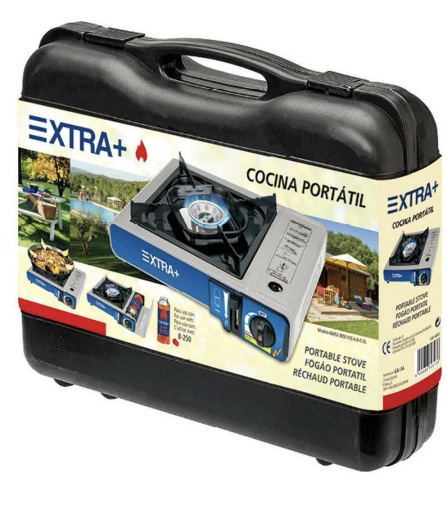 Cocina Portátil con Maletín, Fogón de Gas Butano para Camping, Senderismo Picnics y Barbacoas- Metal Negro, 35x28cm, Modelo BDZ155, Incluye 5 Cartuchos B-250 de 220gr
