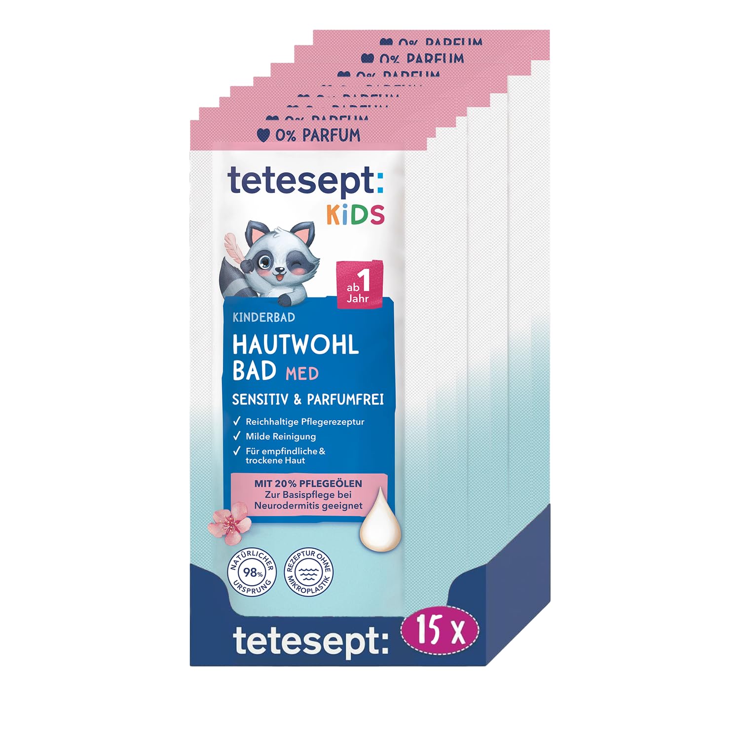 tetesept Kids Hautwohl Bad med 25 ml – Medizinischer Badezusatz mit Mandelöl und 0% Parfüm – Sensitives Pflegebad bei Neurodermitis und für Kinder ab 1 Jahr geeignet 15 x Badezusatz je 25ml