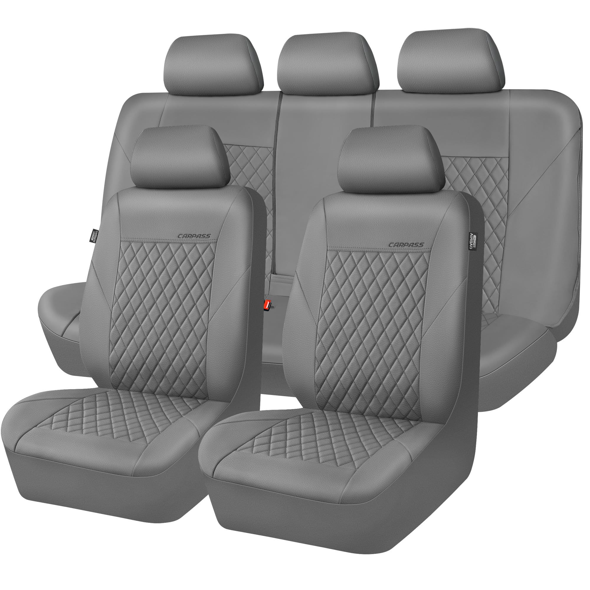 CAR PASS Leather Seat Covers Full Set,Universal Waterproof Deluxe PU Premium Car Seat Cover with 5mm Composite Sponge Inside,Airbag Compatible,2zipper Bench for Sedans SUVs Trucks Vans,All Gray